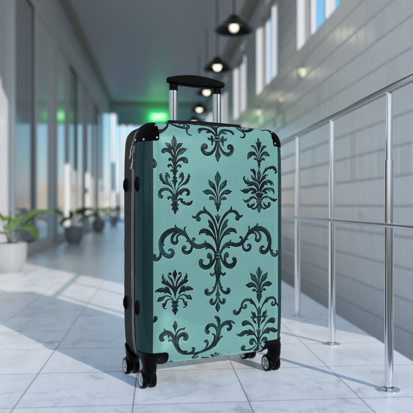 Elegant Damask Style Suitcase - Travel Luggage, Personalized Gift for Travelers, Stylish Carry-On for Vacations - Teal Striped Rococo