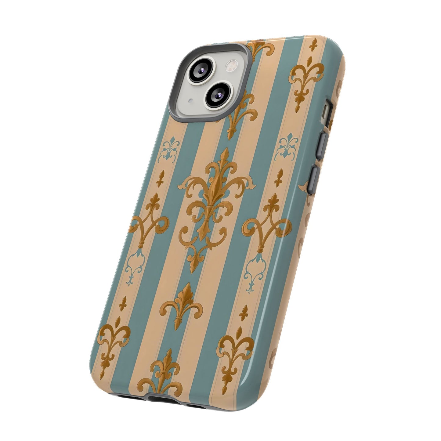Elegant Floral Motif Phone Case - Tough Cases with Vintage Design -  Beige & Sky Blue Striped Gold Damask