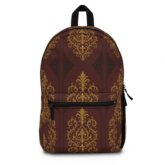 Dusk Burgundy-Black & Gold Baroque Backpack — Elegant Burgundy & Gold Patterned School Bag