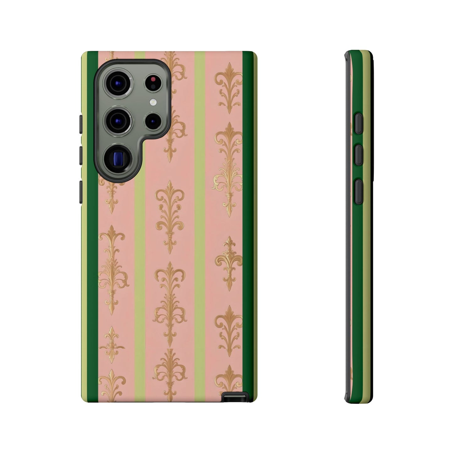 Elegant Floral Motif Phone Case - Tough Cases with Vintage Design - Lime Green & Pink Striped Damask
