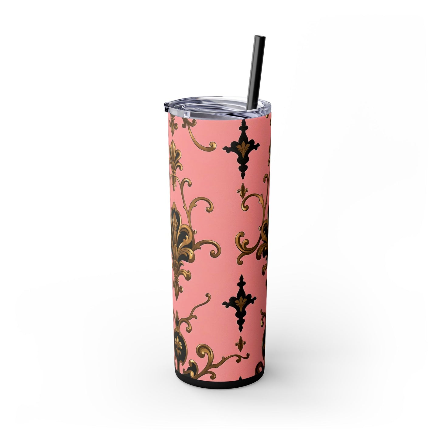 Elegant Pink Damask Skinny Tumbler, 20oz Drinkware, Stylish Reusable Cup, Travel Mug, Gift for Her, Home Decor - Pink, Black & Gold Rococo