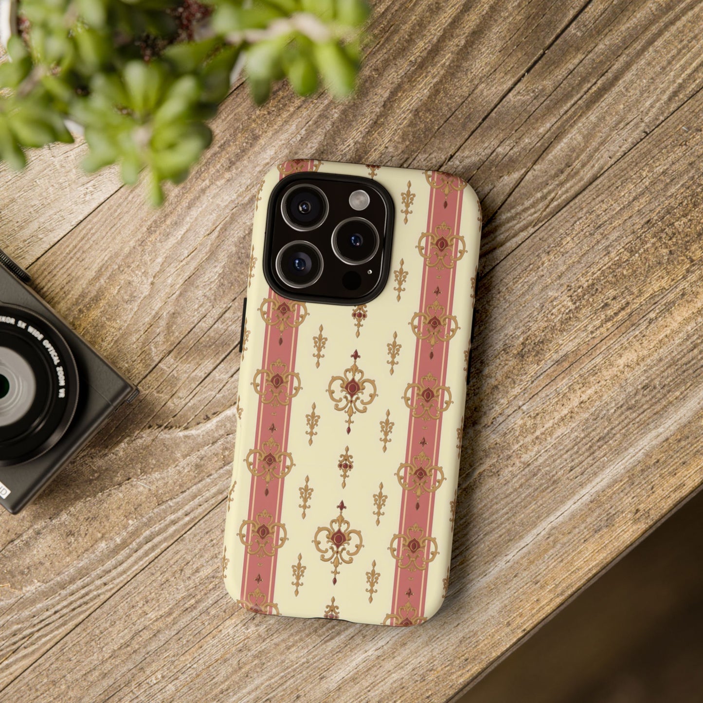 Elegant Floral Motif Phone Case - Tough Cases with Vintage Design - Mauve Striped Gold Damask