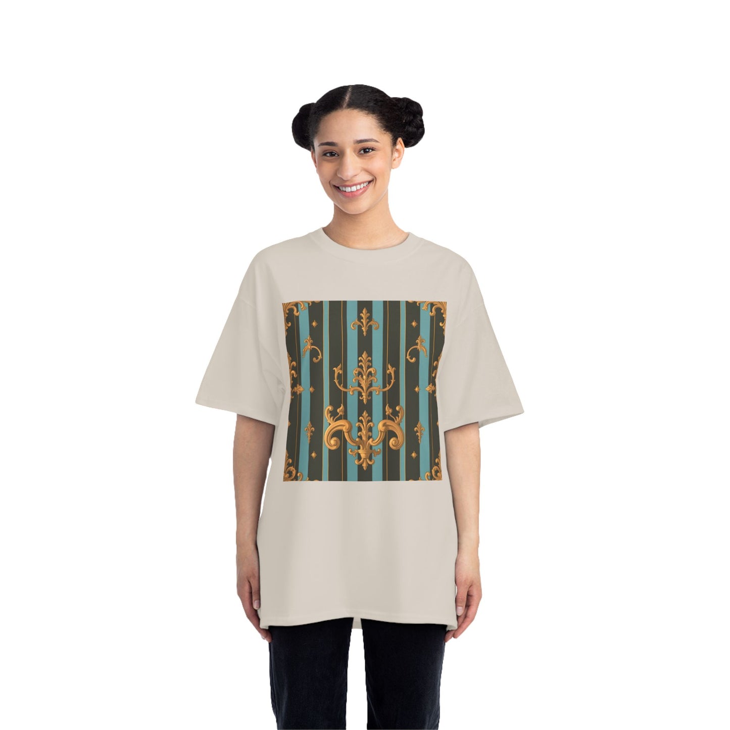 Elegant Vintage Pattern T-Shirt, Stylish Tee for Everyday Wear, Retro Design Shirt, Perfect Gift for Art Lovers - Black & Turquoise Striped Baroque