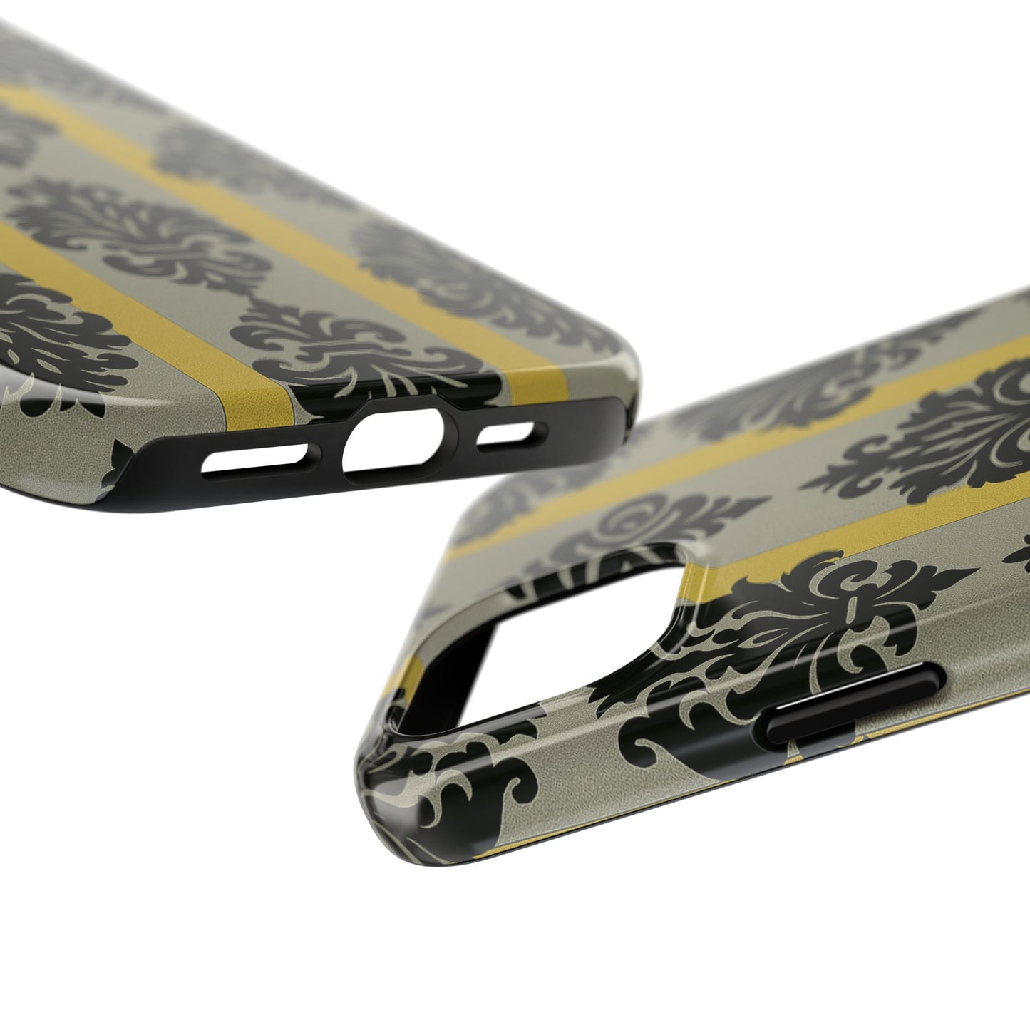 Elegant Baroque Tough Phone Cases | Chic Phone Protection | Gift for Her | Stylish Accessory | Holiday Gift Idea | Silver & Gold Striped Black Baroque