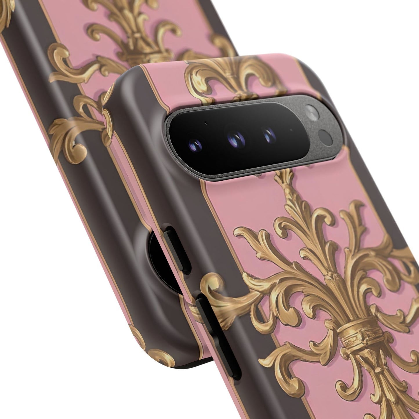 Elegant Floral Motif Phone Case - Tough Cases with Vintage Design - Pink & Brown Striped Gold Damask