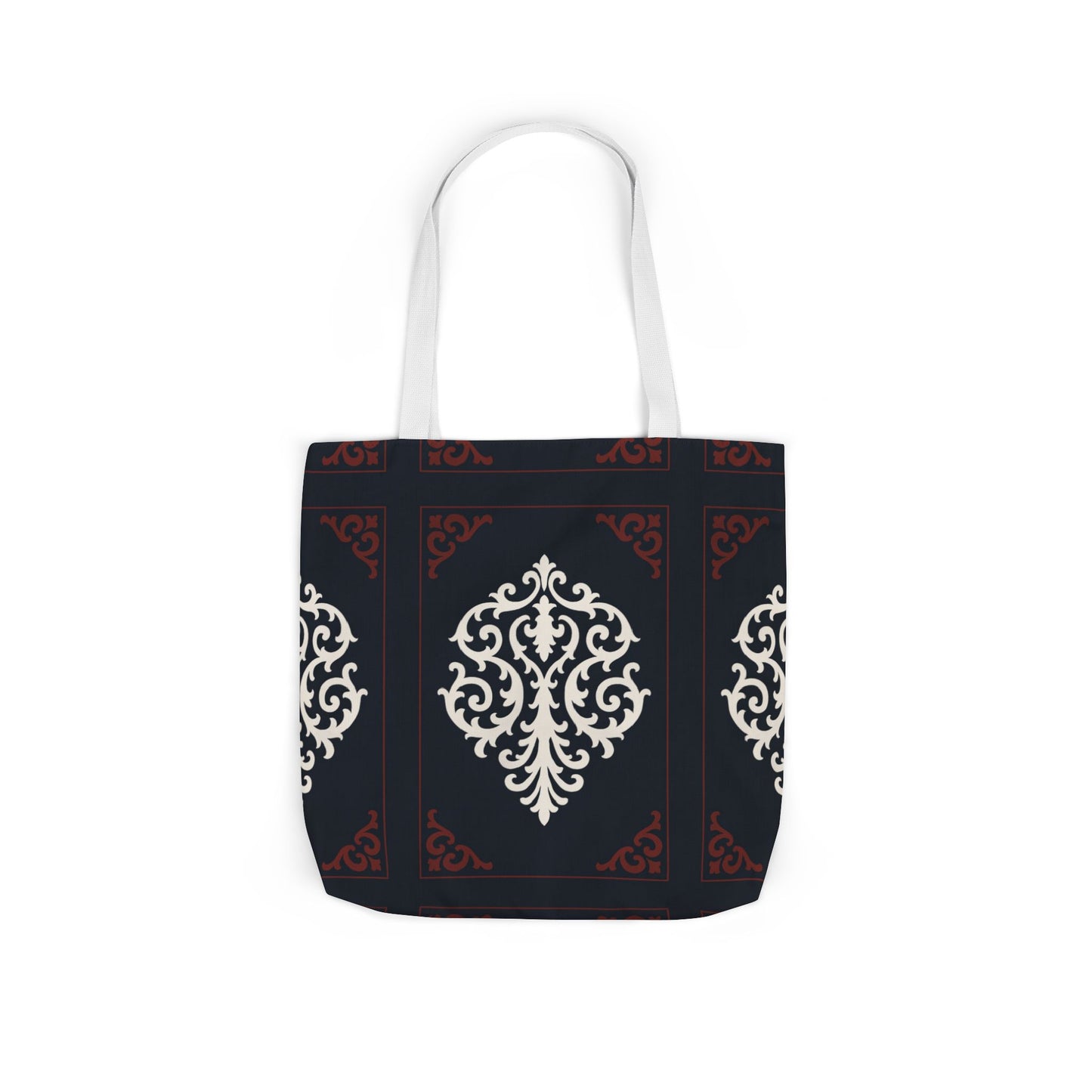 Dusk Blue-Maroon & White Baroque Pattern Canvas Tote Bag — Elegant Dusk Blue & White Reusable Market Bag