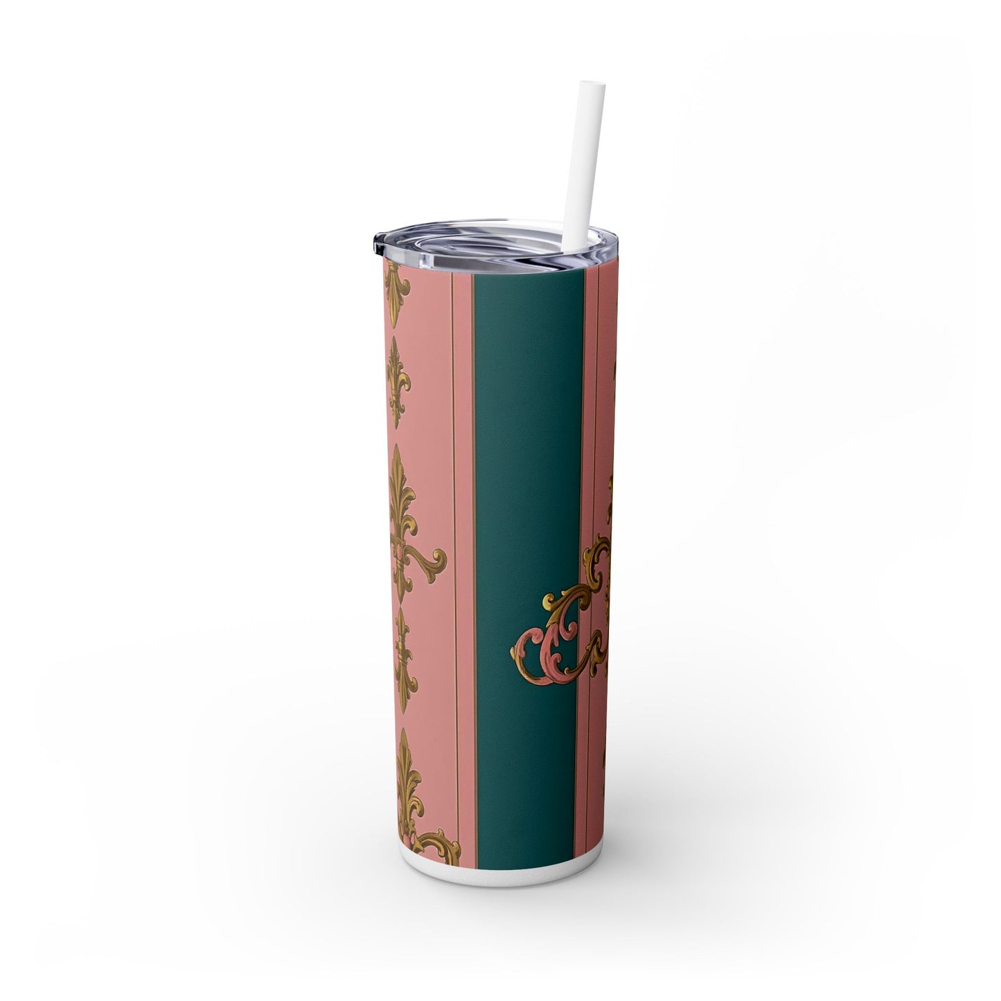 Elegant Pink and Green Skinny Tumbler with Straw, 20oz - Ideal for Gifts, Travel, Home, Events - Pink & Teal Striped Gold Baroque