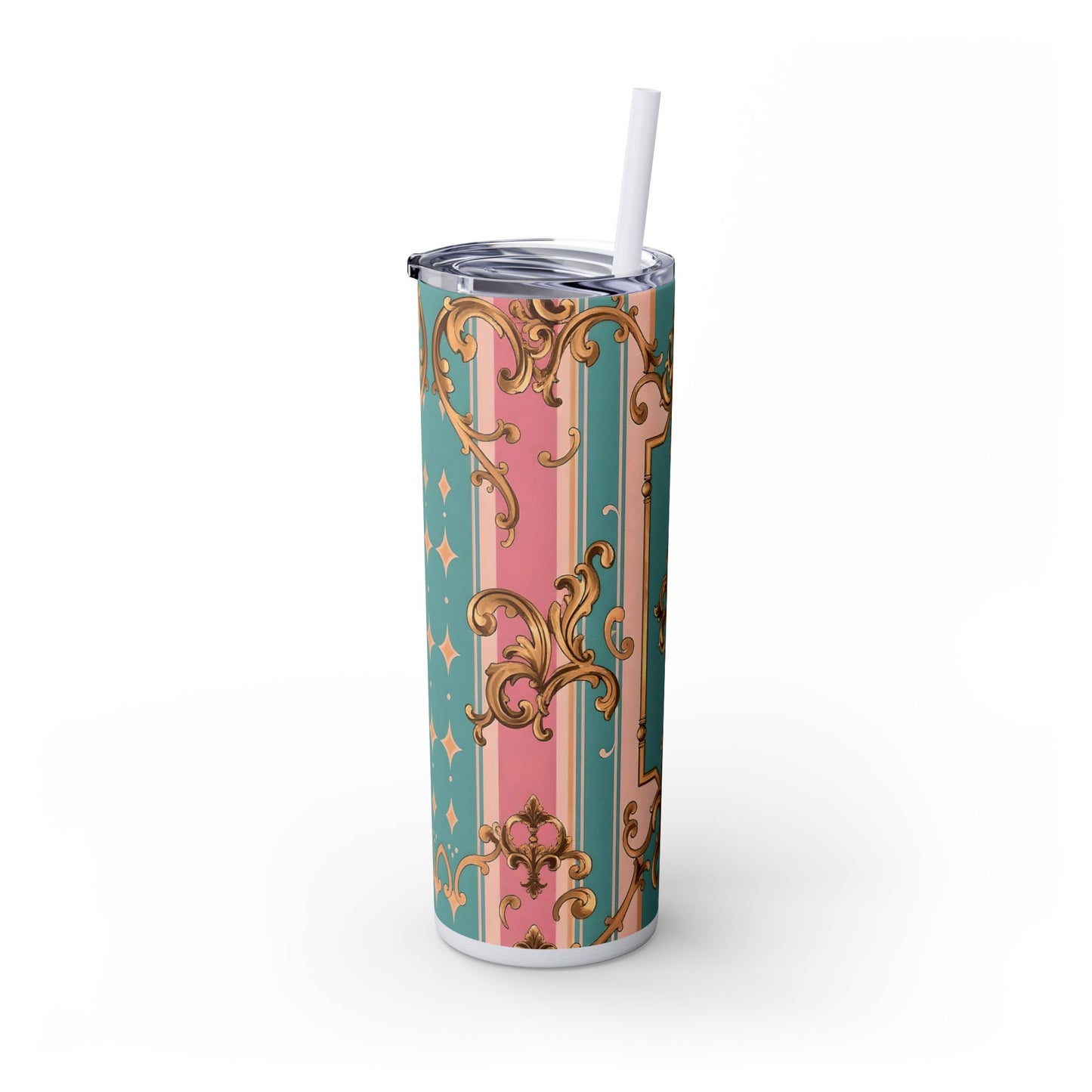 Elegant Floral Skinny Tumbler, 20oz Travel Mug, Stylish Drinkware, Perfect Gift for Her, Vintage Inspired - Pink & Matte Turquoise Striped Rococo