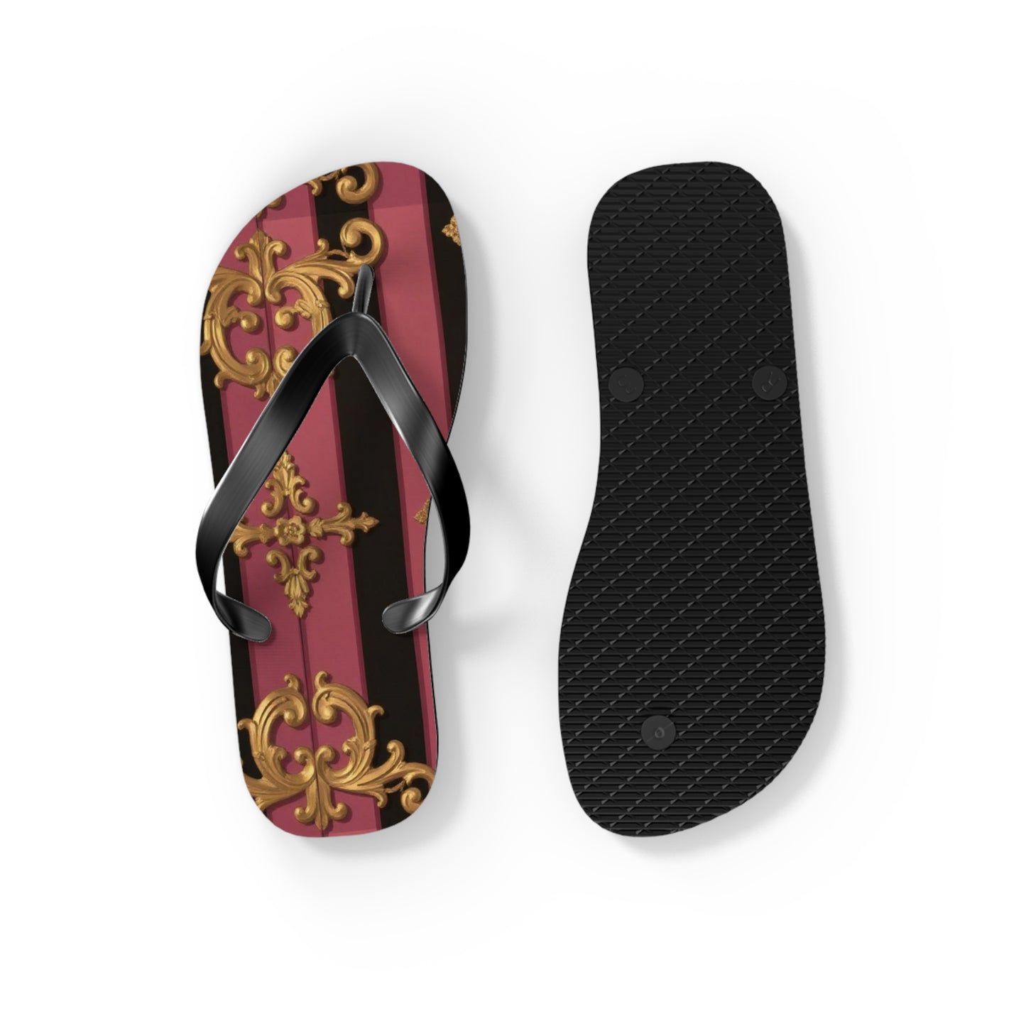 Elegant Black & Mauve Striped Gold Baroque Flip Flops, Chic Footwear for Summer, Pool Parties, Beach Days, Vacation Essentials