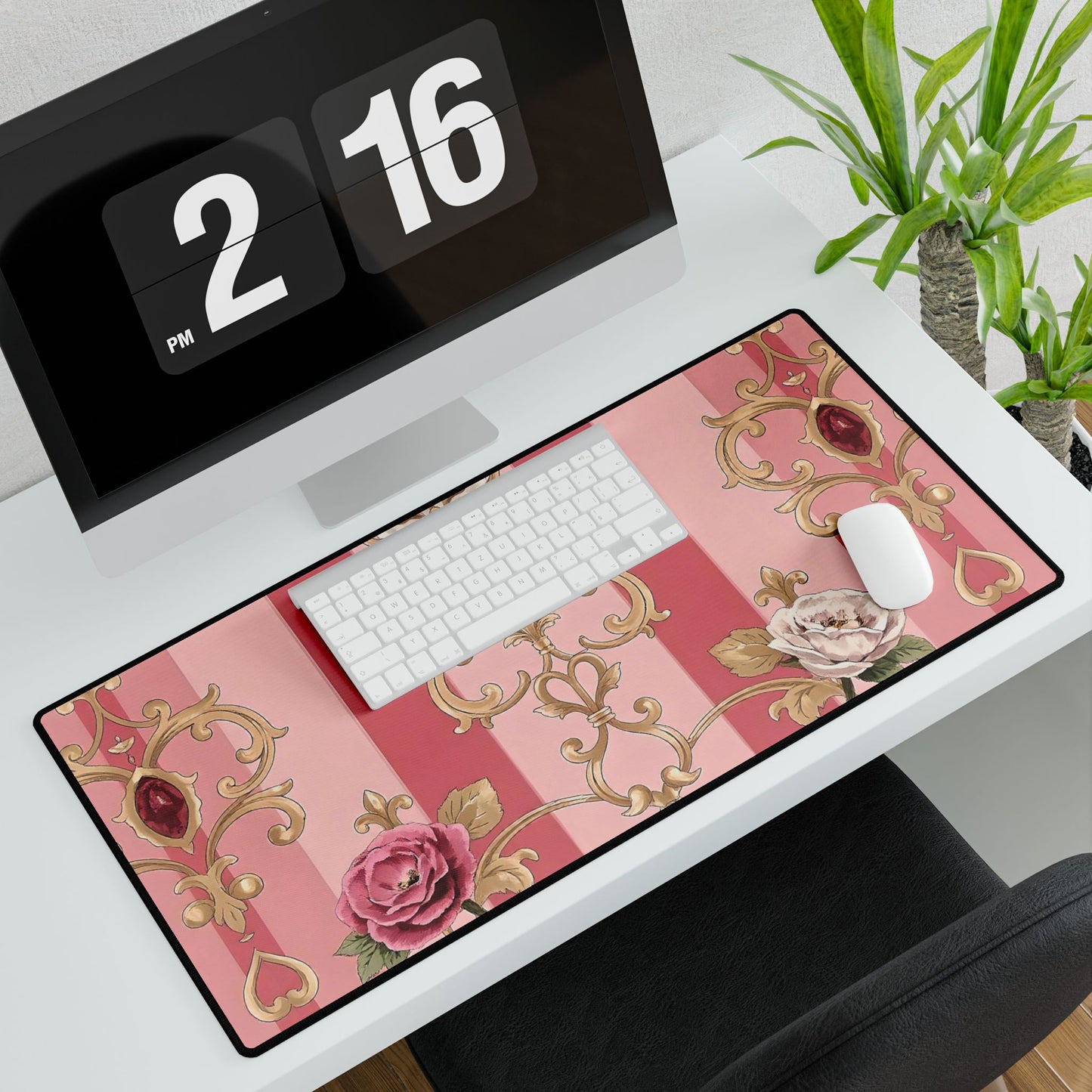Elegant Floral Motif Desk Mat for Home Office Decor - Pink Striped Roses & Damask