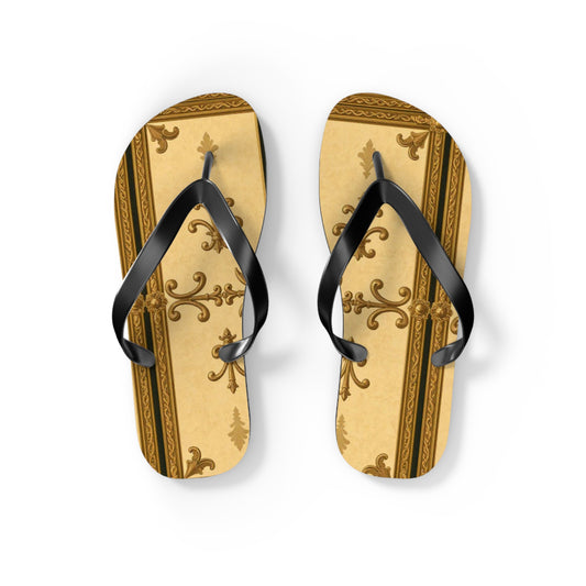 Elegant Vintage Flip Flops, Summer Footwear, Beach Sandals, Vacation Essentials, Relaxation, Unique Gifts - Matte Yellow Striped Antique Rococo