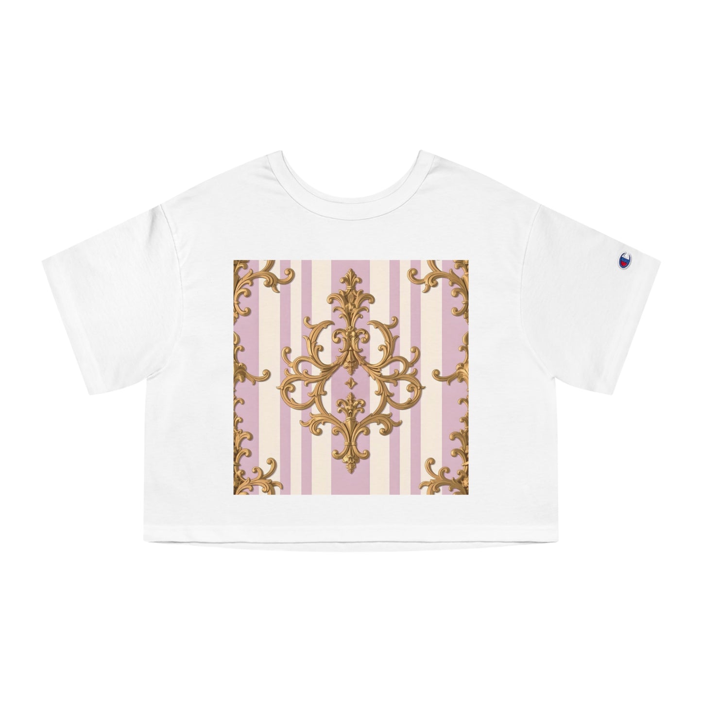 Chic Heritage Cropped T-Shirt | Stylish Graphic Tee, Vintage-Inspired, Casual Top, Summer Fashion, Gift for Her - Lilac & Alabaster Striped Gold Baroque