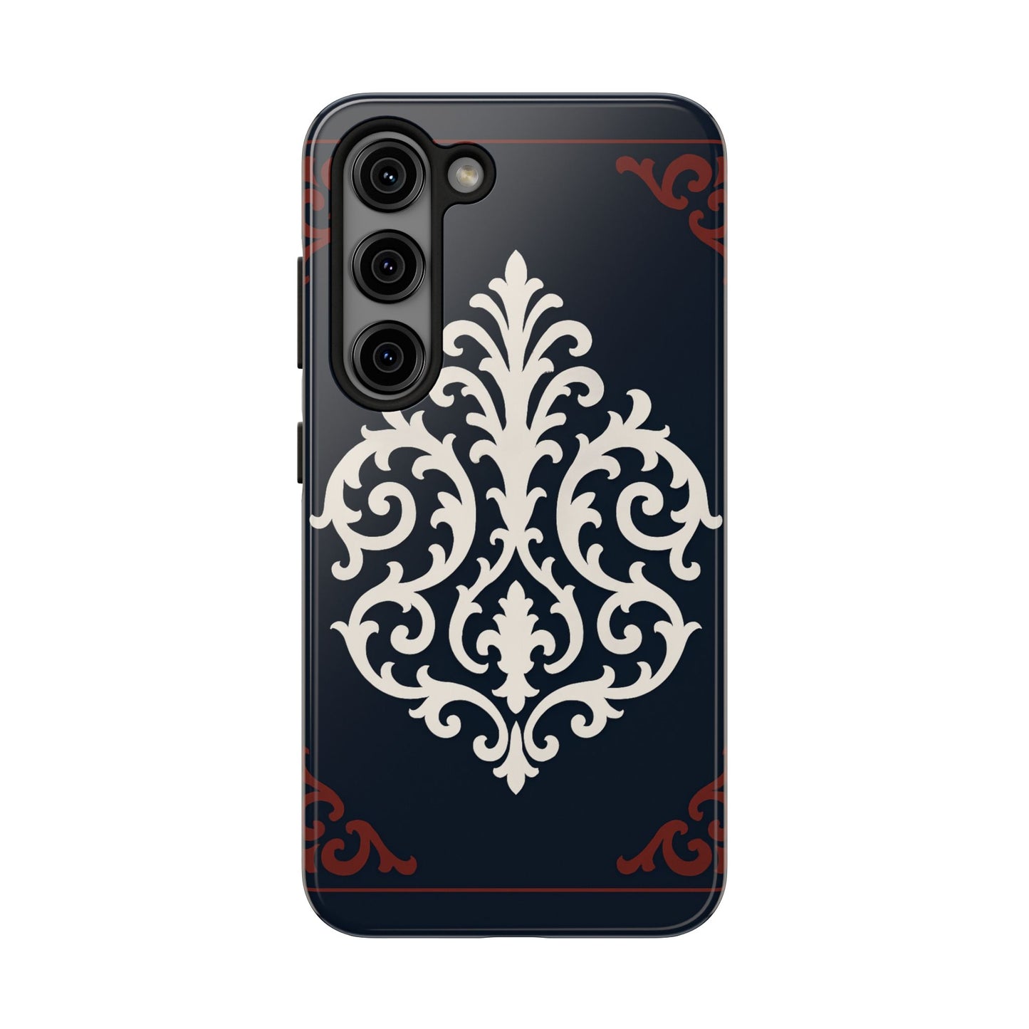 Dusk Blue-Maroon & White Baroque Tough Phone Case — Vintage Scroll Design