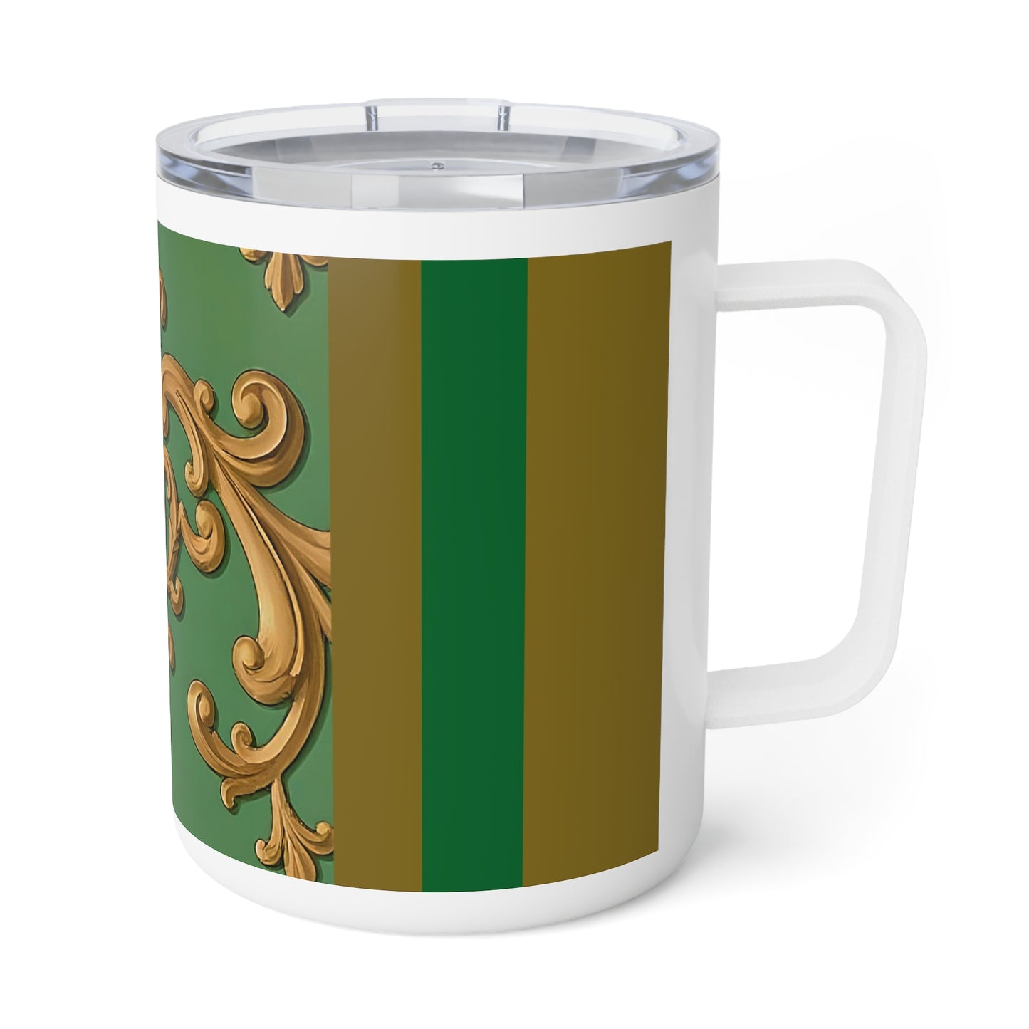 Elegant Insulated Coffee Mug | Luxe Green & Gold Design, Perfect Gift for Tea Lovers, Home Decor, Unique Wedding Favors - Olive Green Striped Rococo