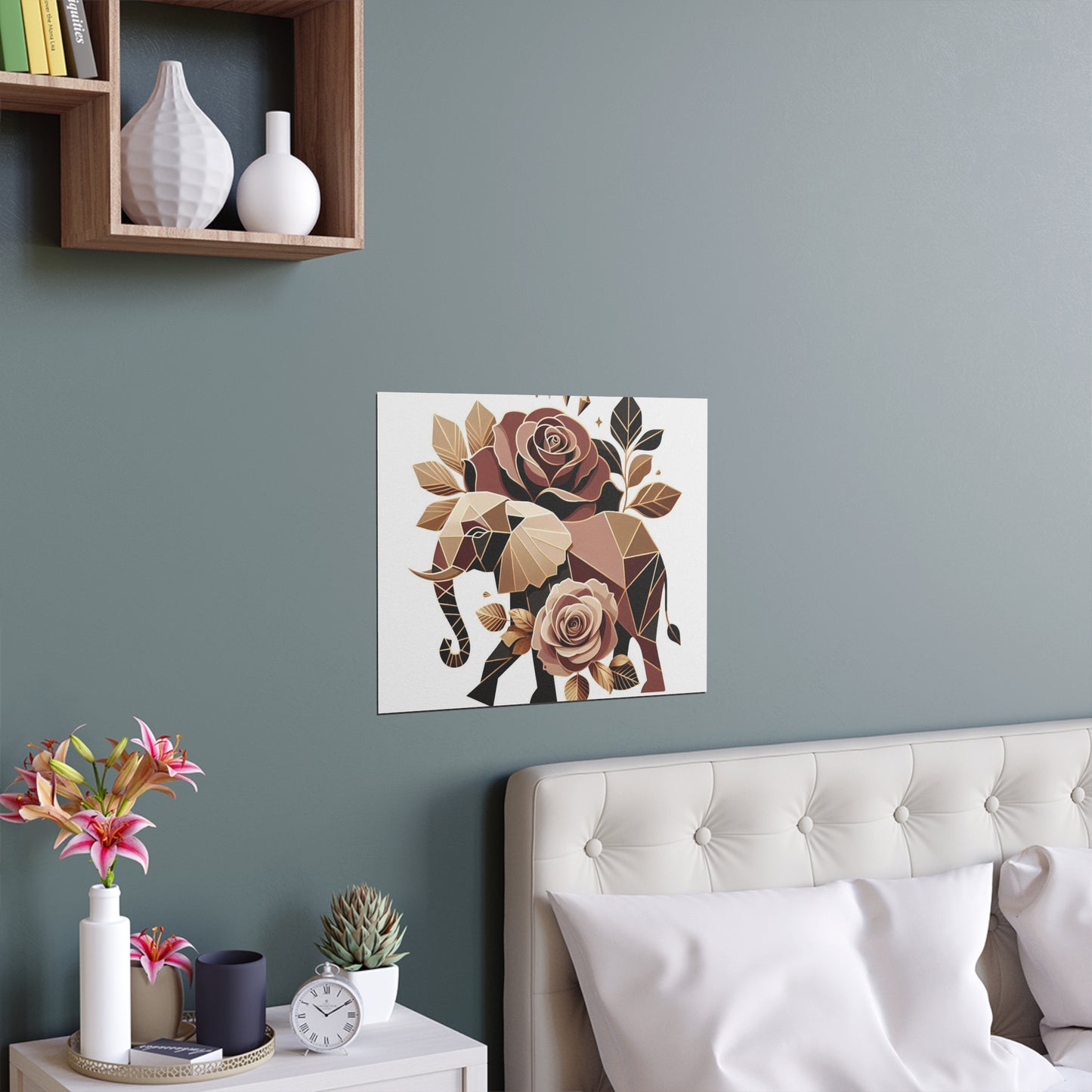 Elegant Floral Silk Poster - Indoor/Outdoor Wall Art for Home Decor - Brown & Gold Elephant & Roses