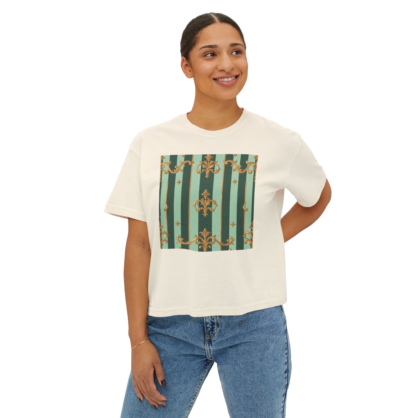 Chic Women's Boxy Tee, Vintage Inspired Tops, Casual Everyday Wear, Fashion for Her, Stylish Graphic Tee - Mint Green & Teal Striped Gold Baroque