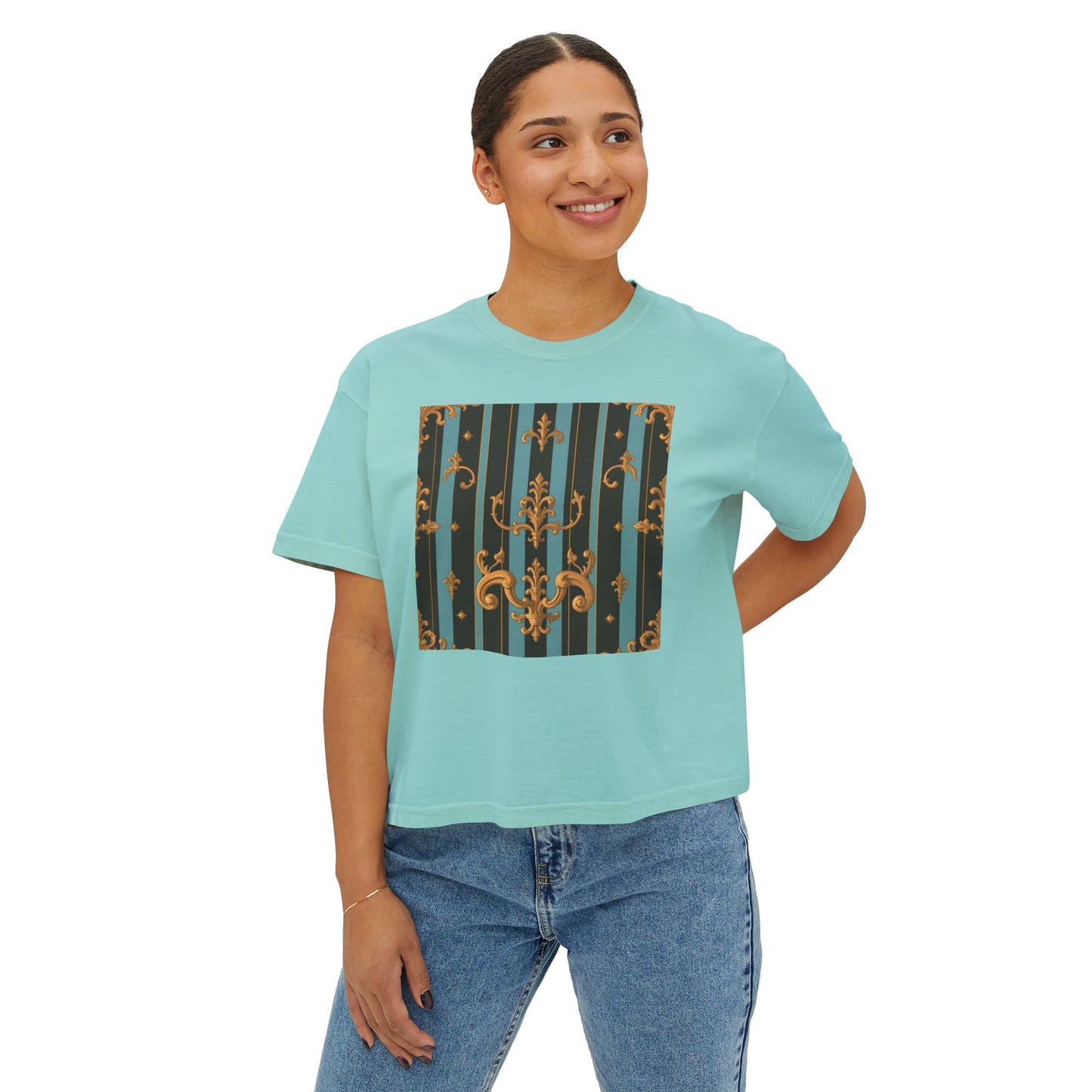 Chic Women's Boxy Tee with Elegant Vintage Design, Casual Outfit, Gift for Her, Summer Style, Fashion Tee - Black & Turquoise Striped Baroque