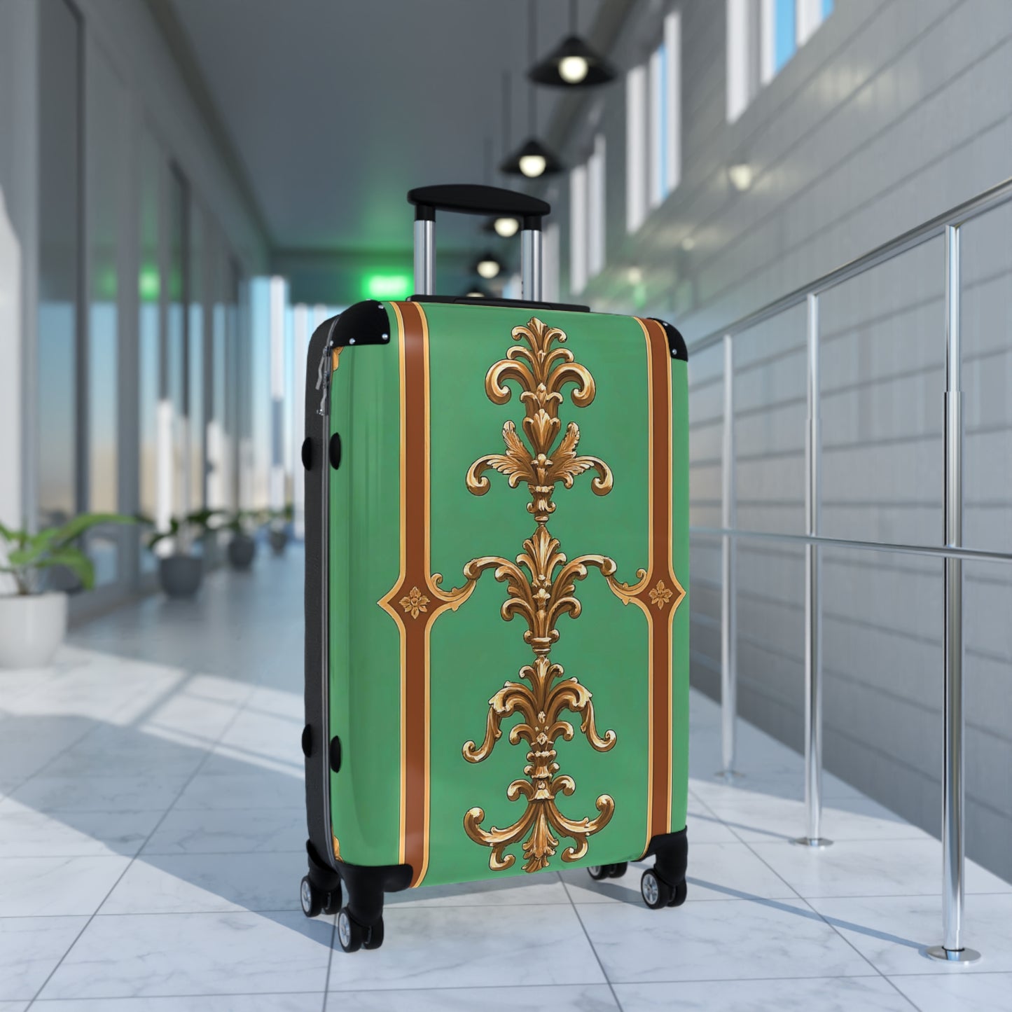 Luxury Ornate Design Suitcase - Travel in Style - Rust & Green Striped Baroque