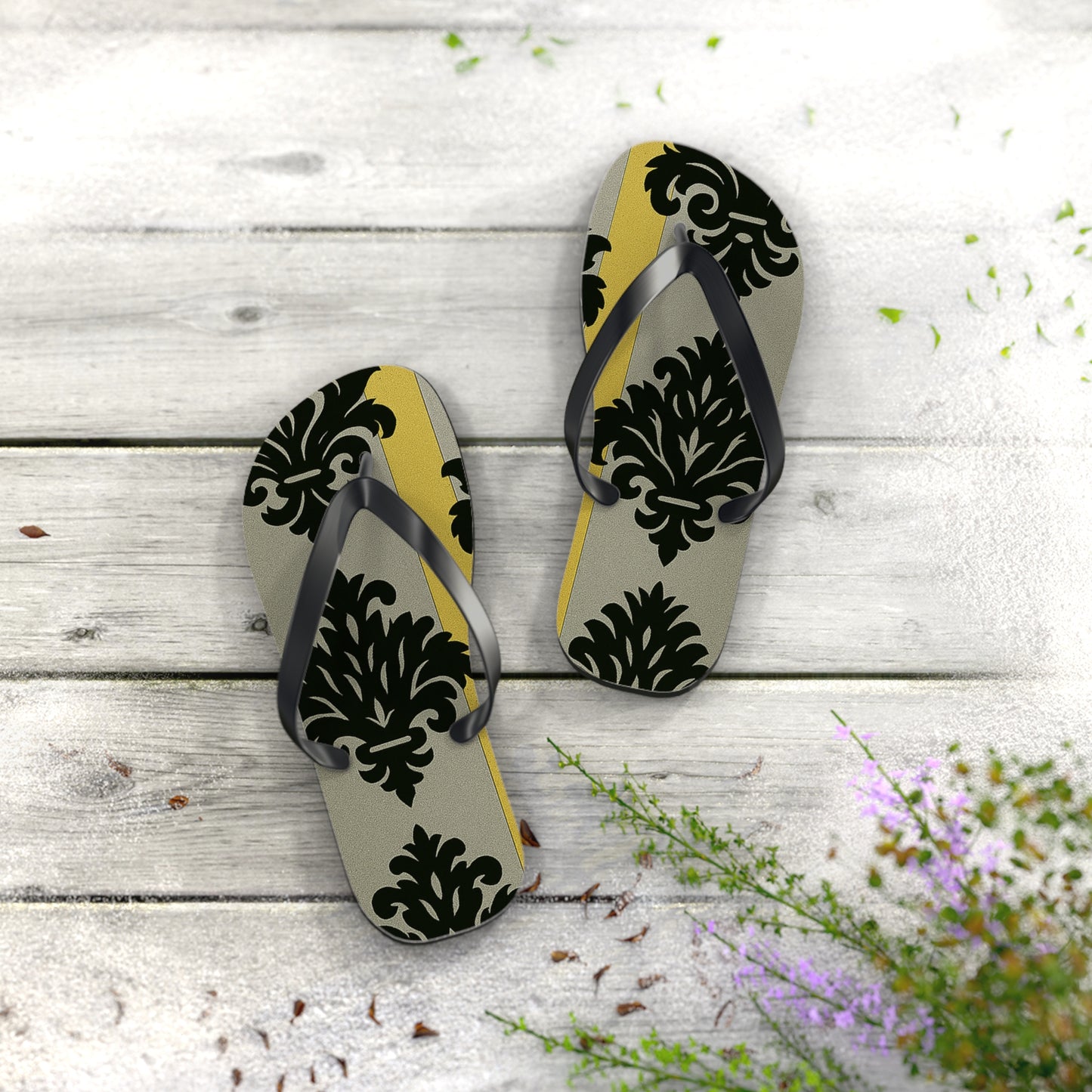 Stylish Flip Flops - Summer Sandals for Beach, Vacation, and Casual Wear - Silver & Gold Striped Black Baroque