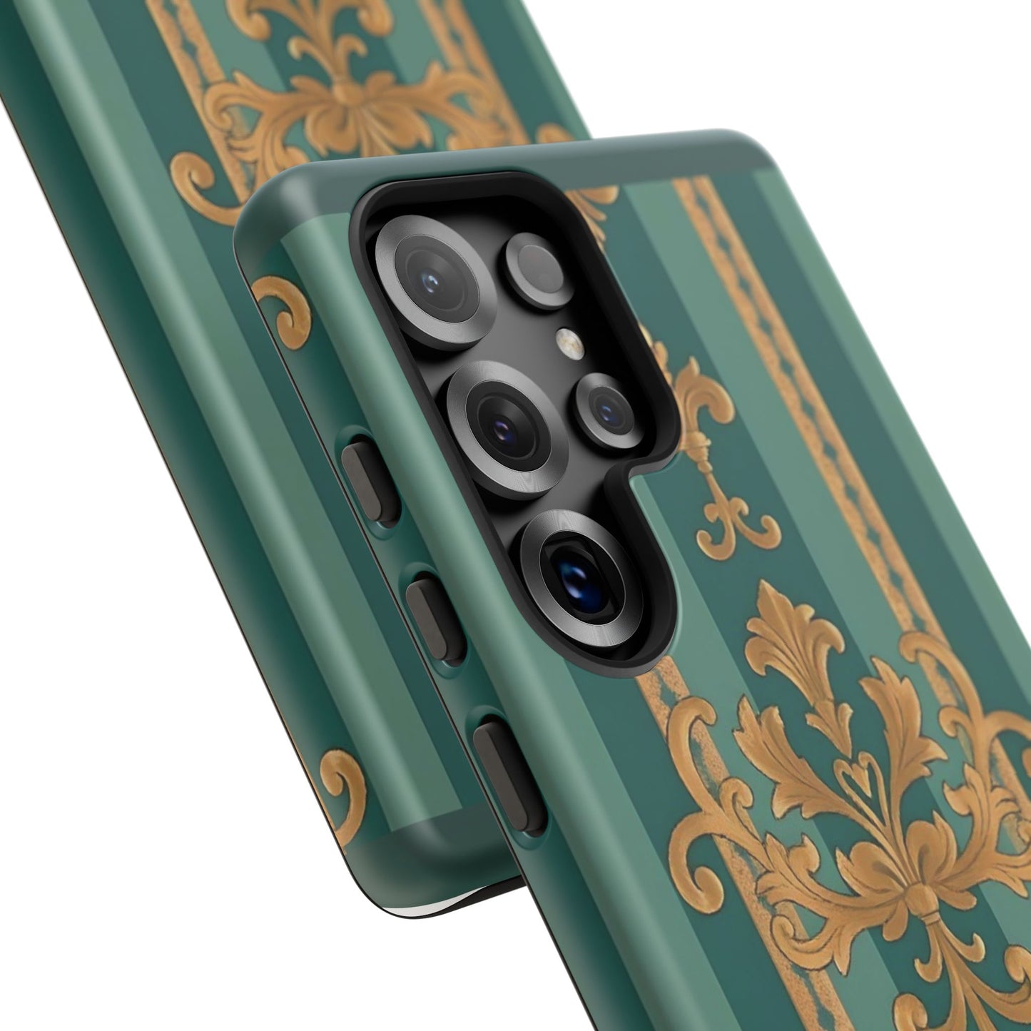 Elegant Floral Motif Phone Case - Tough Cases with Vintage Design - Teal Striped Gold Damask