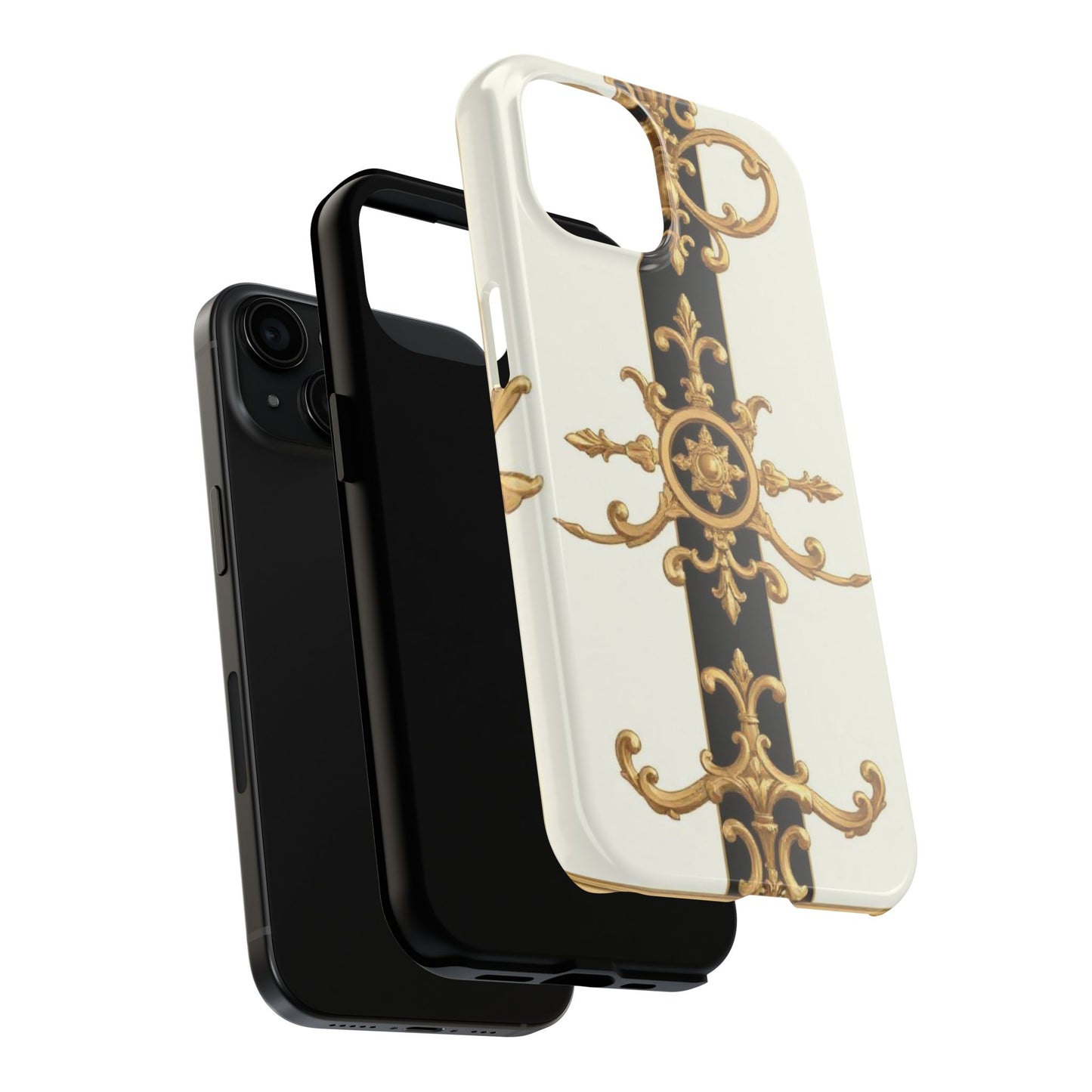 Elegant Baroque Tough Phone Case | Stylish Protection for Your Device, Gift for Her, Phone Accessories - Black & White Striped Gold Baroque