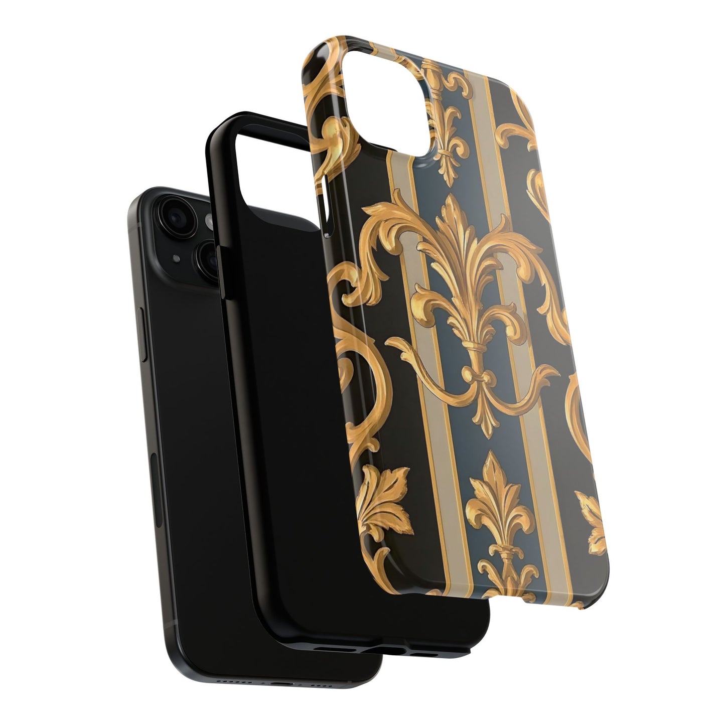 Elegant Rococo Phone Cases, Tough iPhone Case, Floral Design Case, Luxury Phone Cover - Blue & Black Striped Rococo