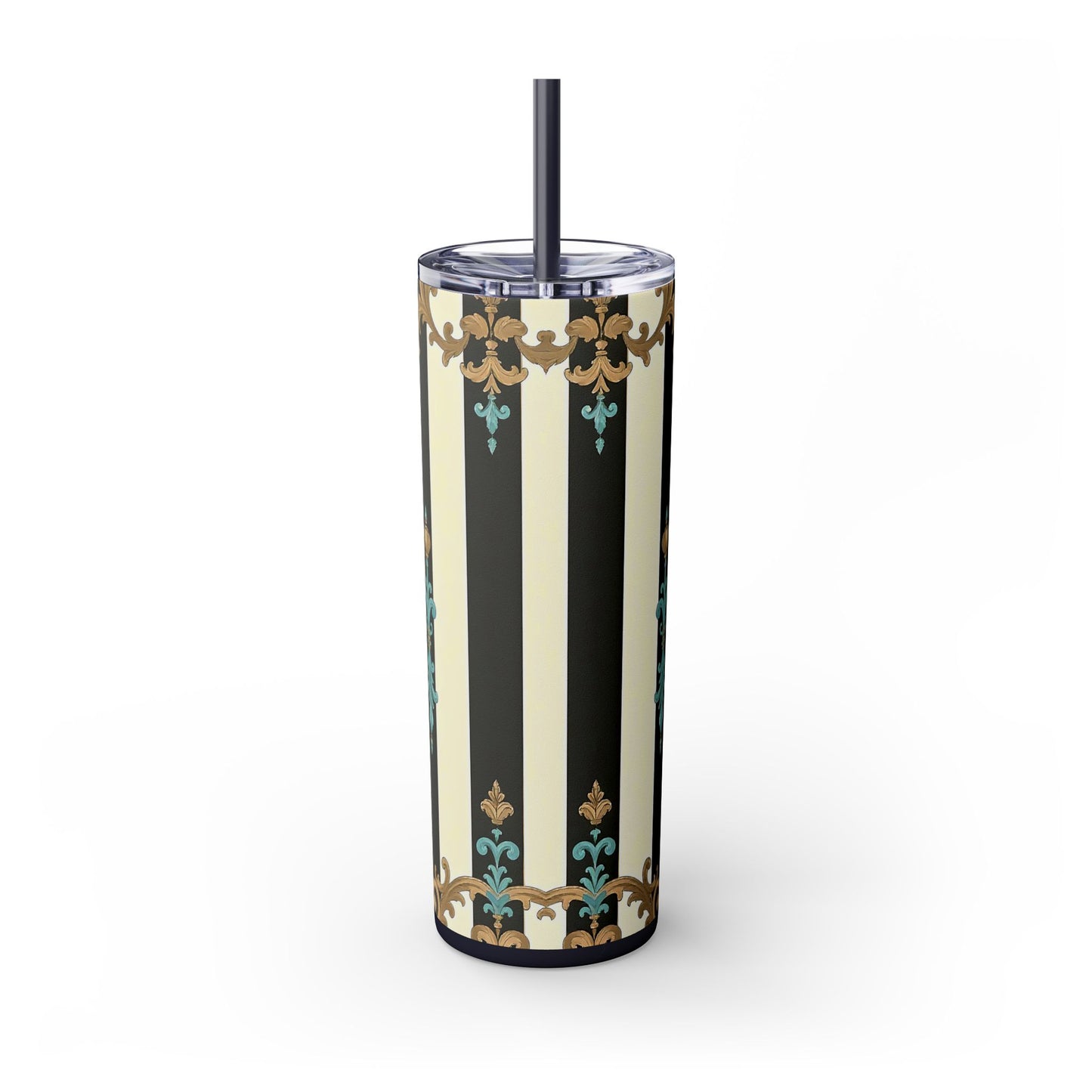 Elegant Stripe Skinny Tumbler | 20oz | Ideal Gift for Home, Office, Travel, Party, or Everyday Use - Black Striped Turquoise & Black Rococo