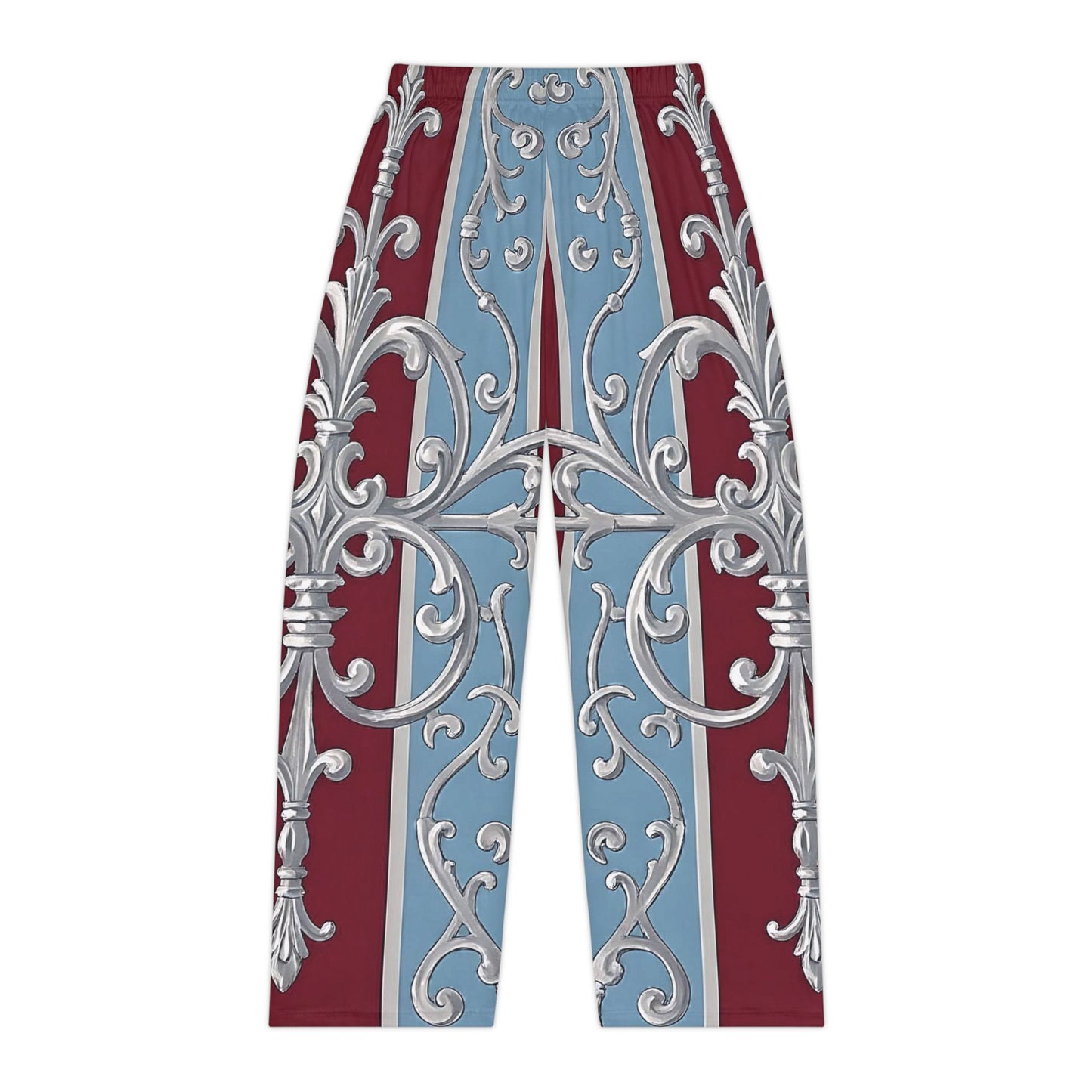 Elegant Women's Pajama Pants with Ornate Design - Cozy Comfort for Relaxation - Ice Blue & Burgundy Striped Baroque