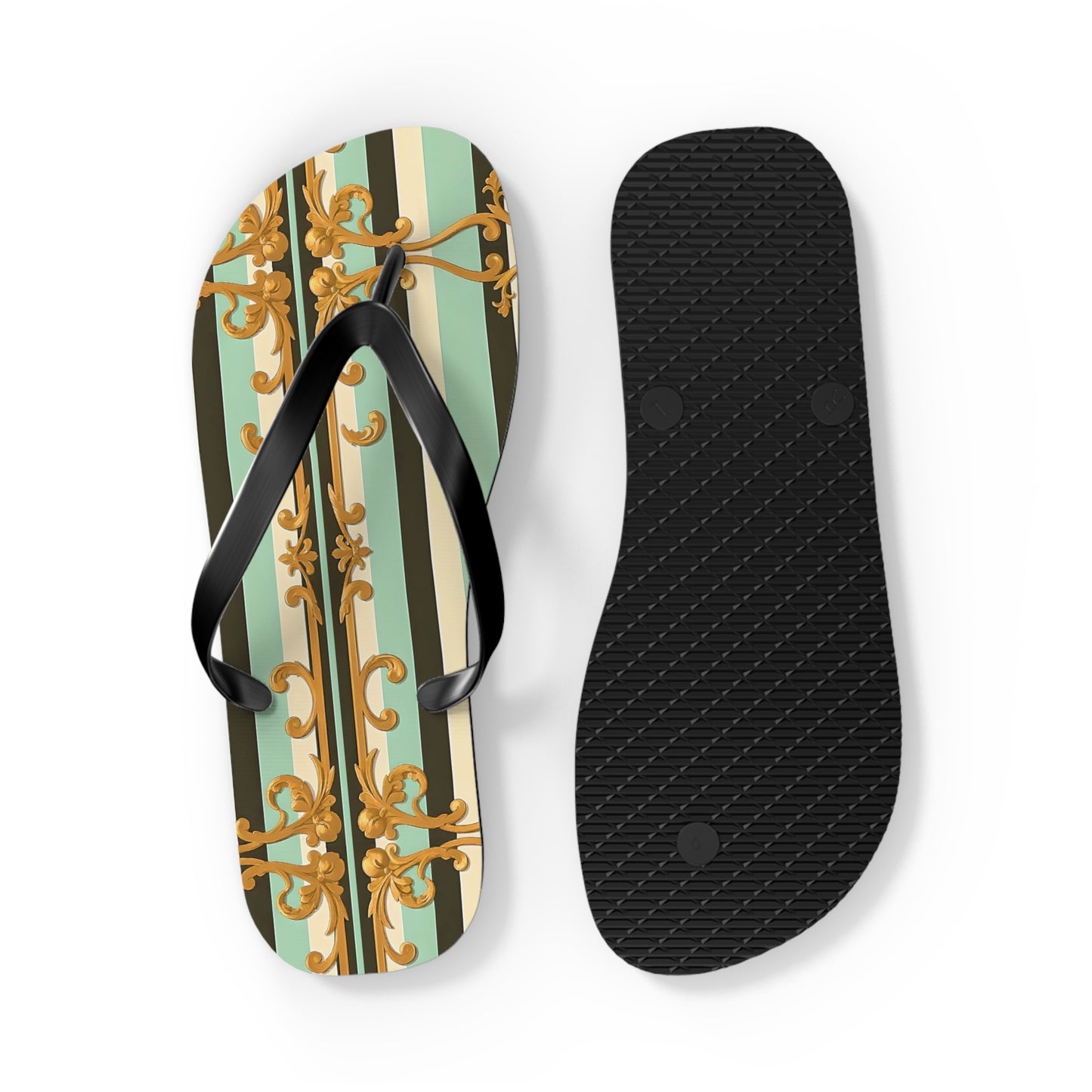 Elegant Patterned Flip Flops, Summer Sandals, Vacation Footwear, Beach Day Slippers, Festival Essentials - Black & Matte Mint Striped Rococo