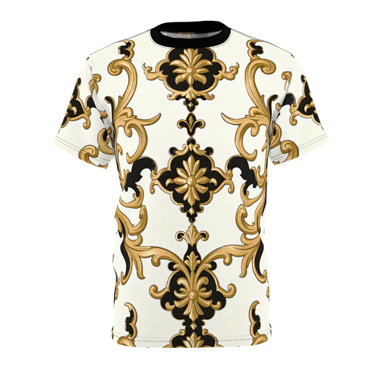 Elegant Baroque Print Tee, Unisex Fashion Top, Stylish Casual Wear, Perfect Gift for Fashion Lovers - Black & Gold Rococo