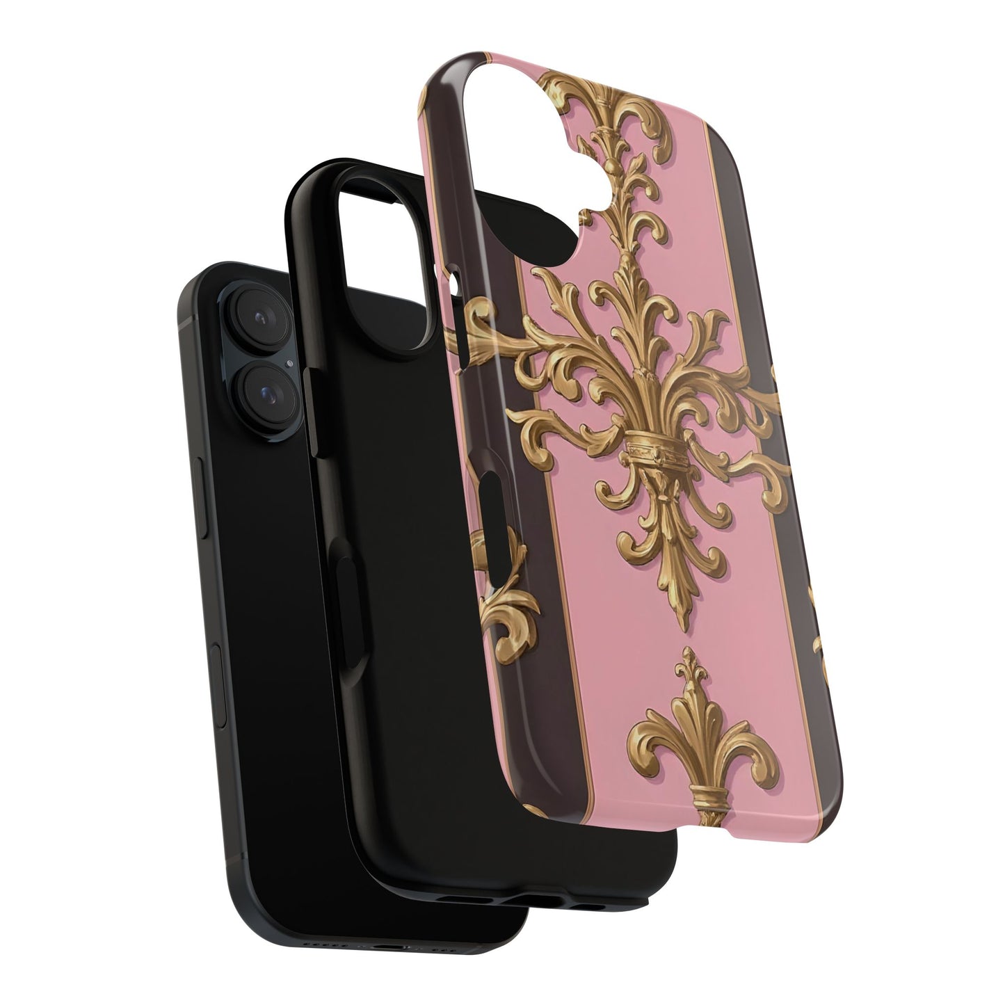 Elegant Floral Motif Phone Case - Tough Cases with Vintage Design - Pink & Brown Striped Gold Damask
