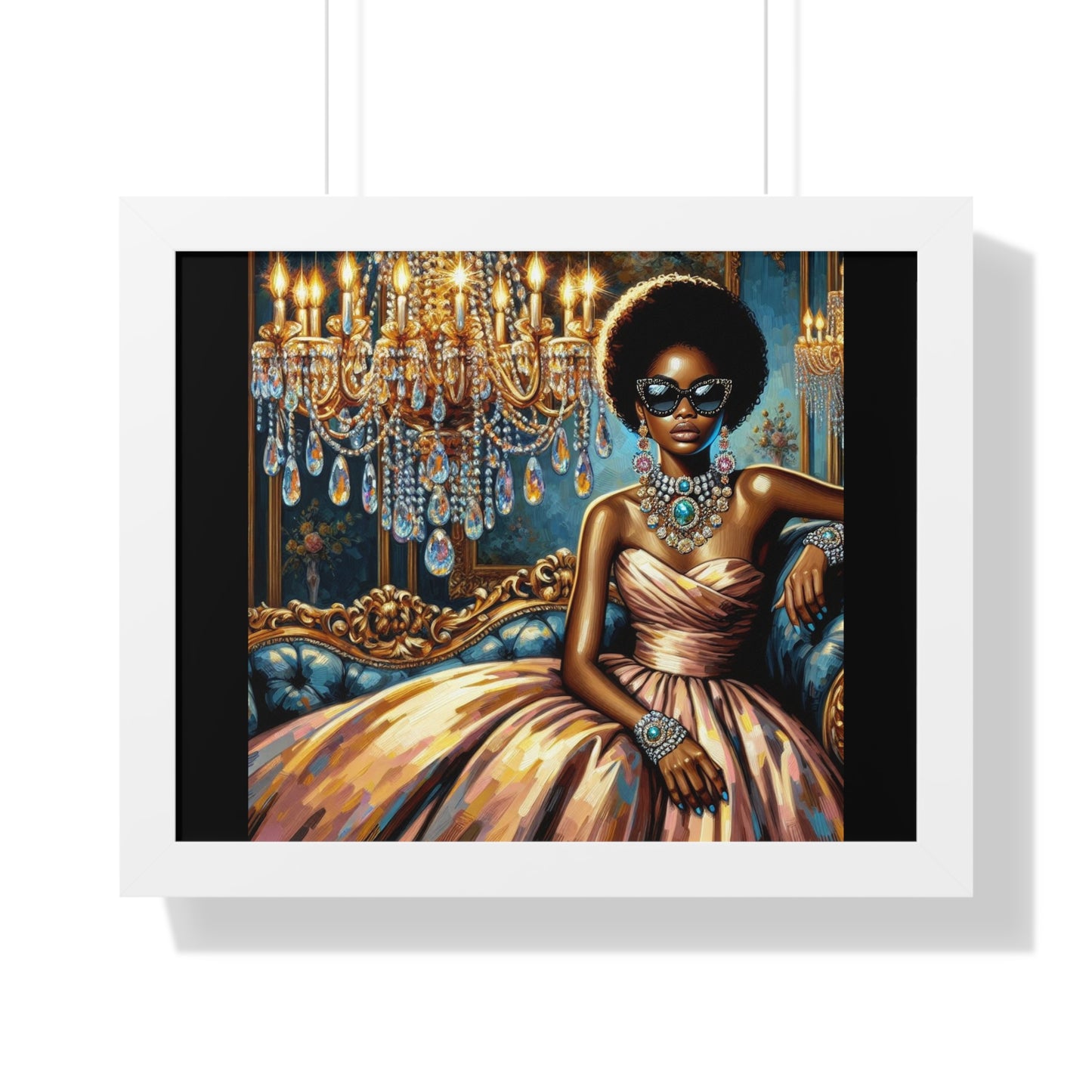 Elegant Framed Art Print | Chic Home Décor, Wall Art for Living Room, Unique Gift, Glamorous Aesthetic, Fashionable - Elegant Lady & Chandelier