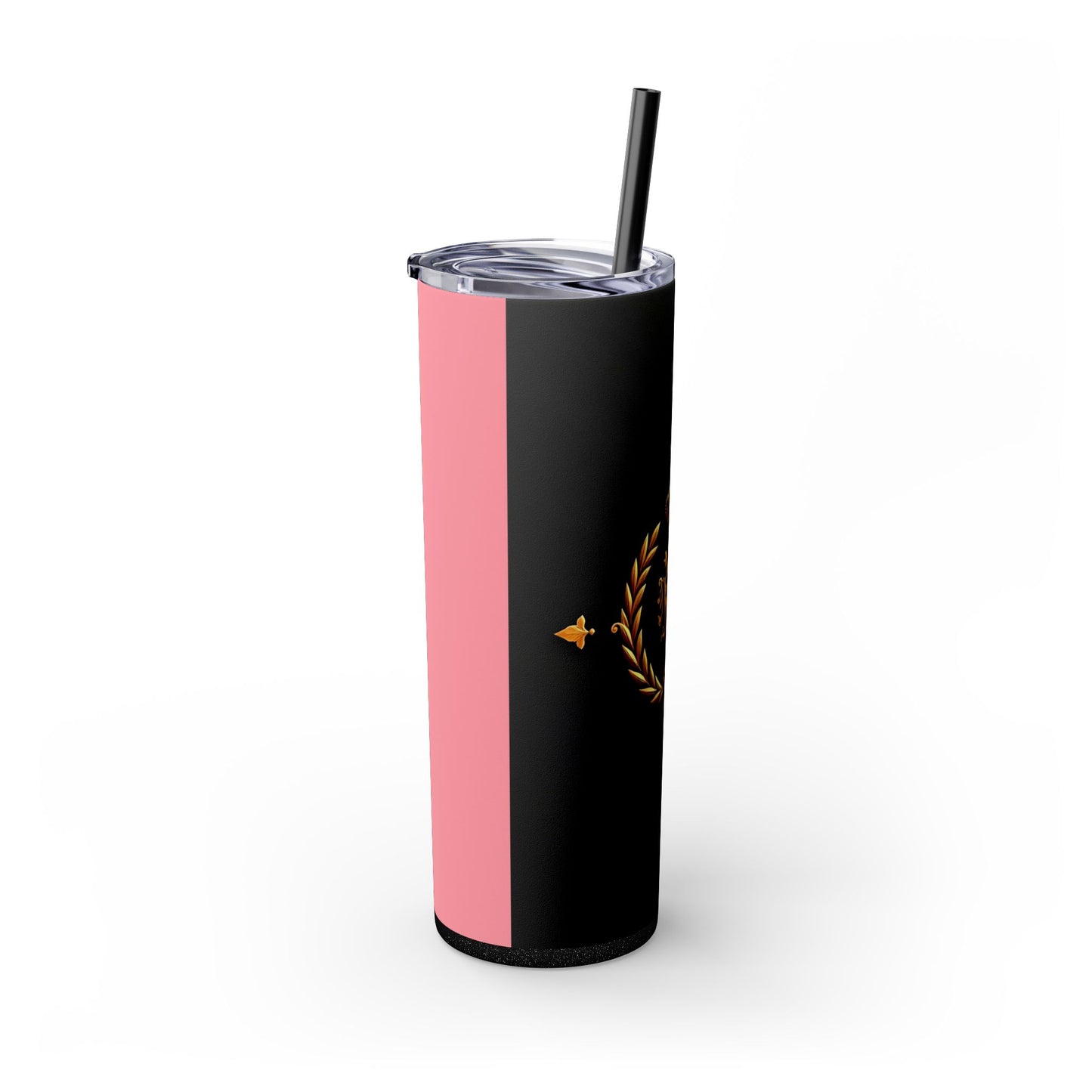 Elegant Royal Themed Skinny Tumbler, Chic Drinkware for Parties, Daily Hydration, Gifts for Her, Travel Mug, Reusable Straw - Pink Striped Gold Crest