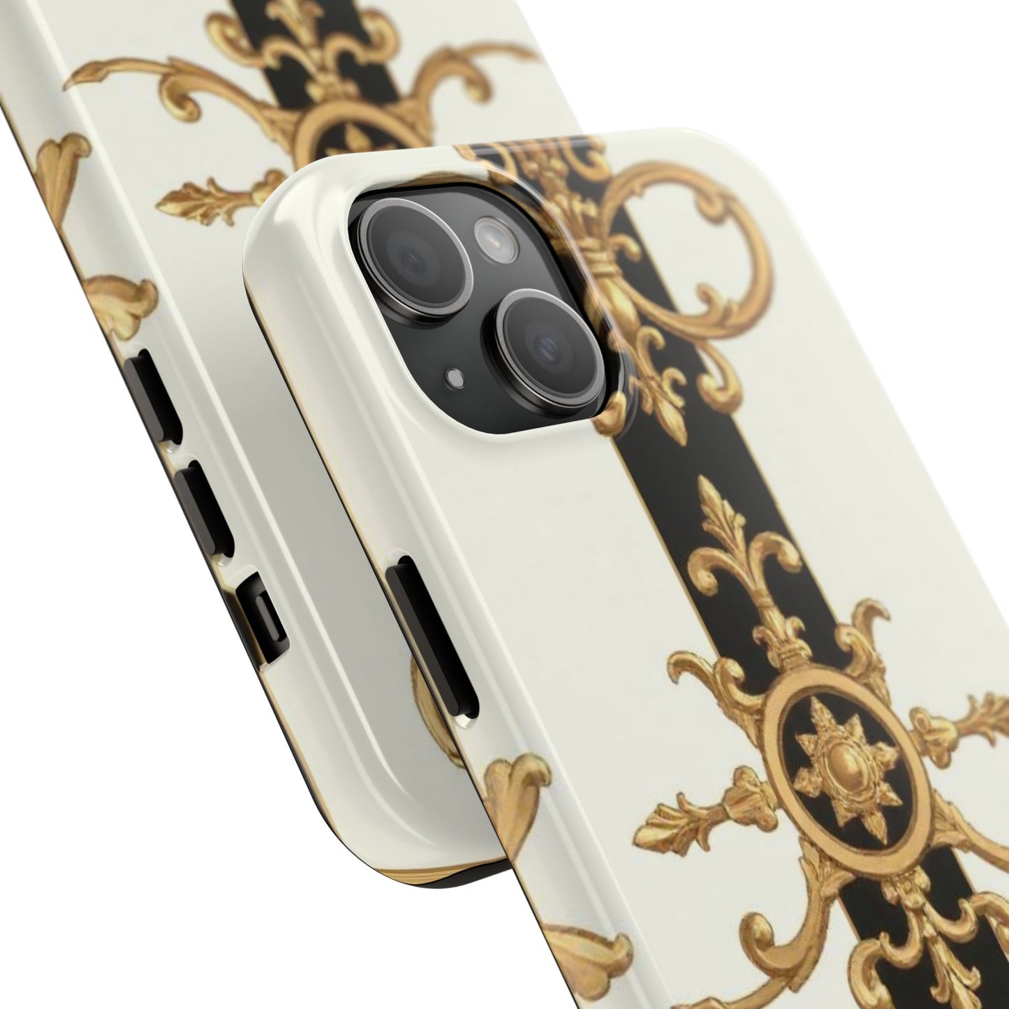 Elegant Baroque Tough Phone Case | Stylish Protection for Your Device, Gift for Her, Phone Accessories - Black & White Striped Gold Baroque