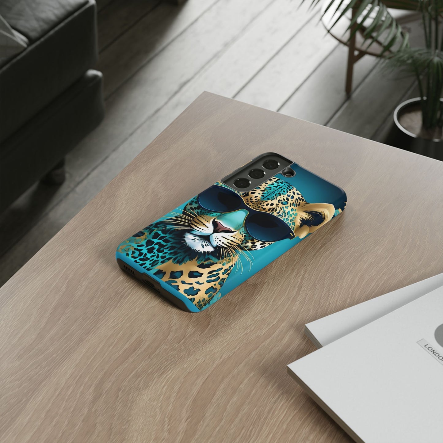 Phone Case - Aqua & Gold Leopard In Sunglasses Design