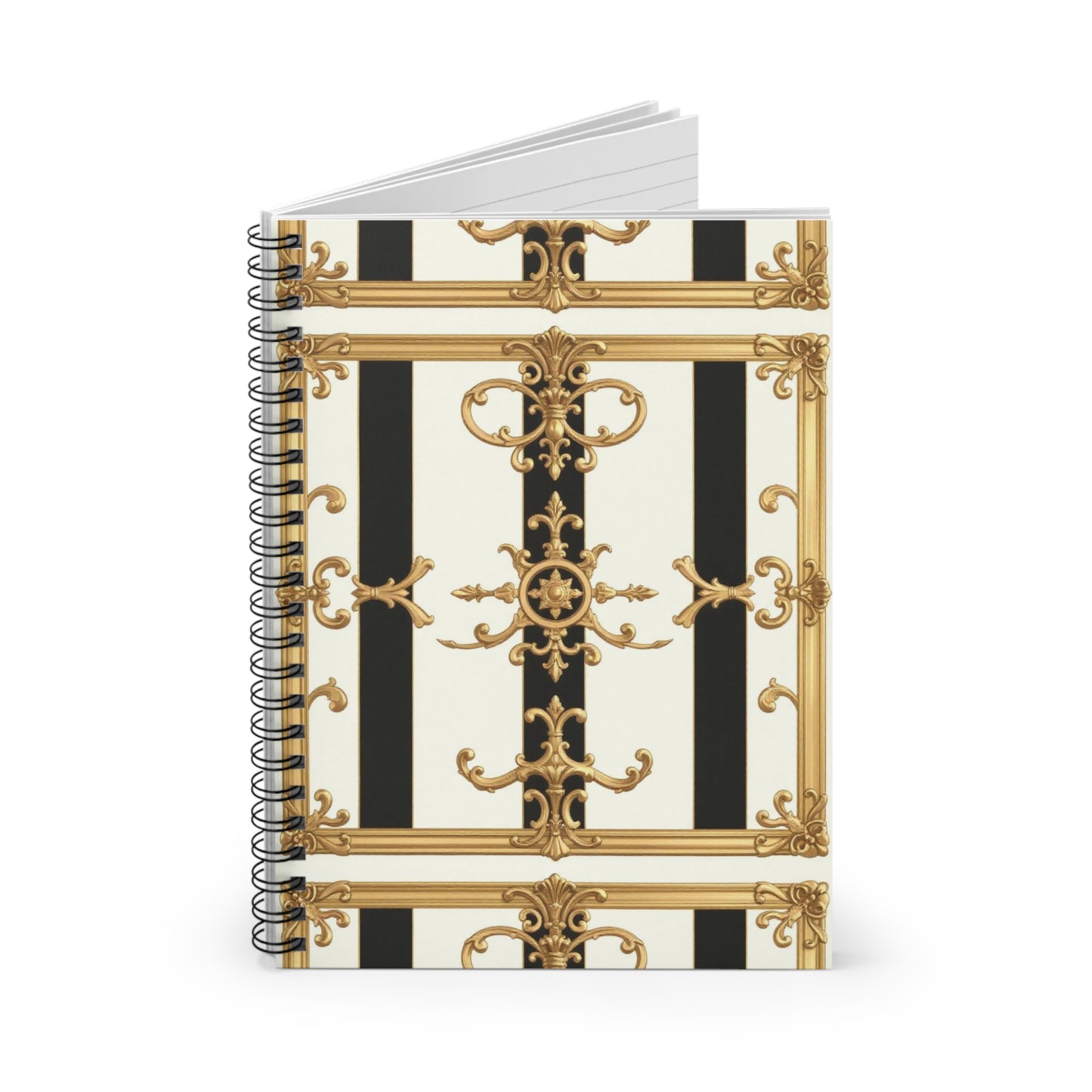 Elegant Gold & Black Spiral Notebook - Ruled Lines, Journaling, School Supplies, Writing, Gift for Students - Black & White Striped Gold Baroque