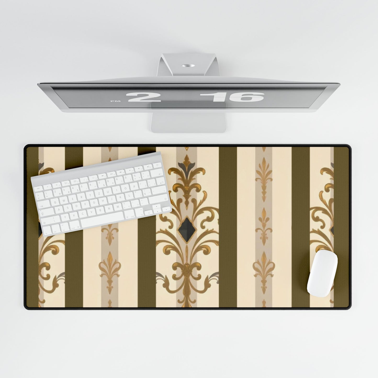 Elegant Floral Motif Desk Mat for Home Office Decor - Olive Striped Gold Damask