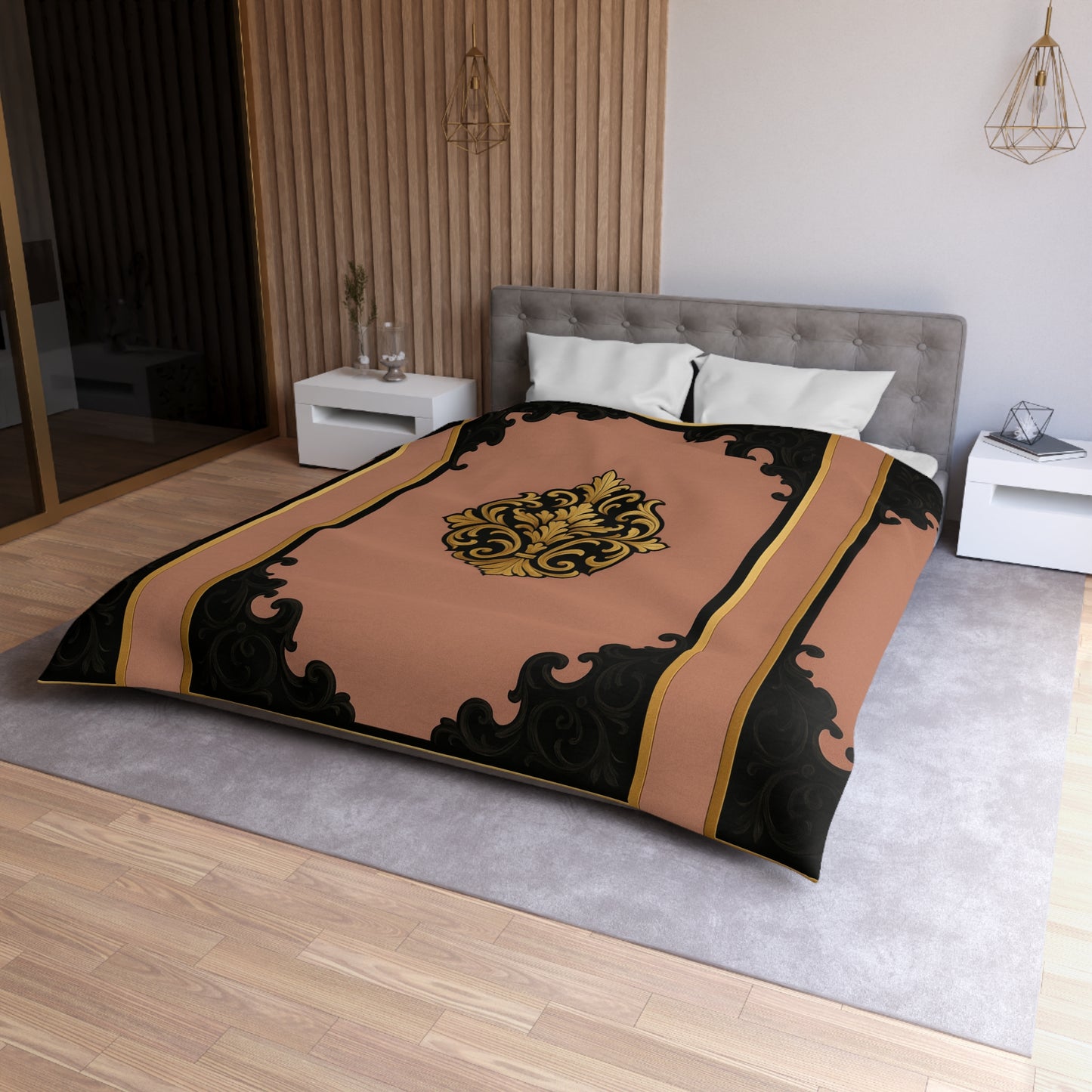 Mauve & Black-Gold Elegant Baroque Microfiber Duvet Cover - Chic Bedroom Decor, Luxurious Bedding, Home Makeover, Gift for Her, Elegant Style