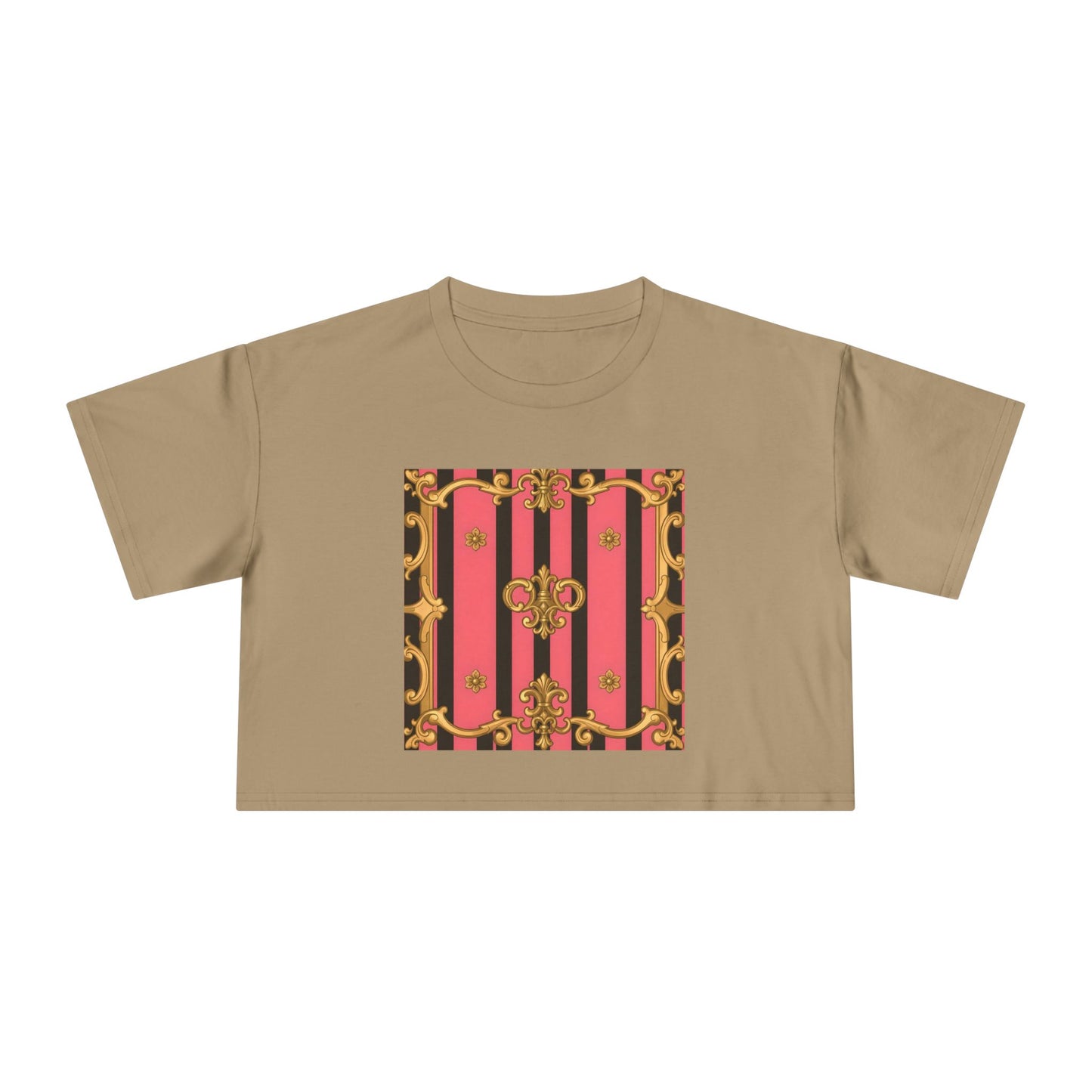 Chic Vintage-Inspired Women's Crop Tee, Stylish Summer Top, Trendy Fashion Tee, Baroque Casual Wear - Pink & Black Striped Gold Baroque