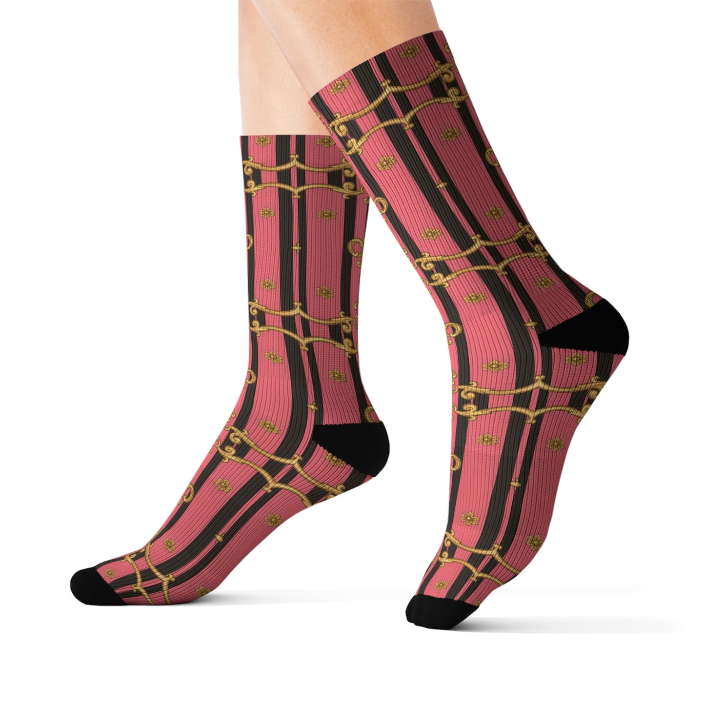 Chic Patterned Sublimation Socks, Fashion Socks, Unique Gift for Her, Trendy Accessories, Cozy Casual Wear - Pink & Black Striped Gold Baroque