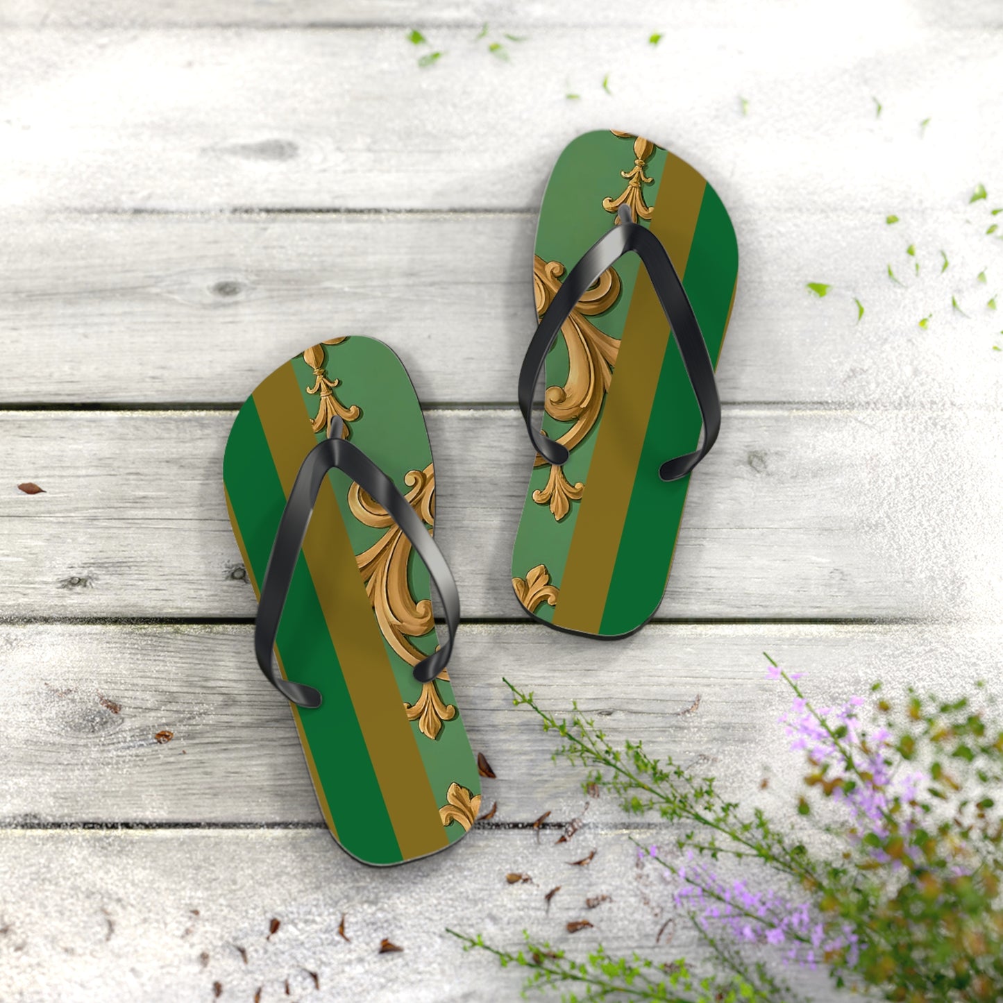Stylish Summer Flip Flops | Elegant Beach Sandals | Trendy Footwear for Vacation | Perfect Gift for Hot Days - Olive Green Striped Rococo