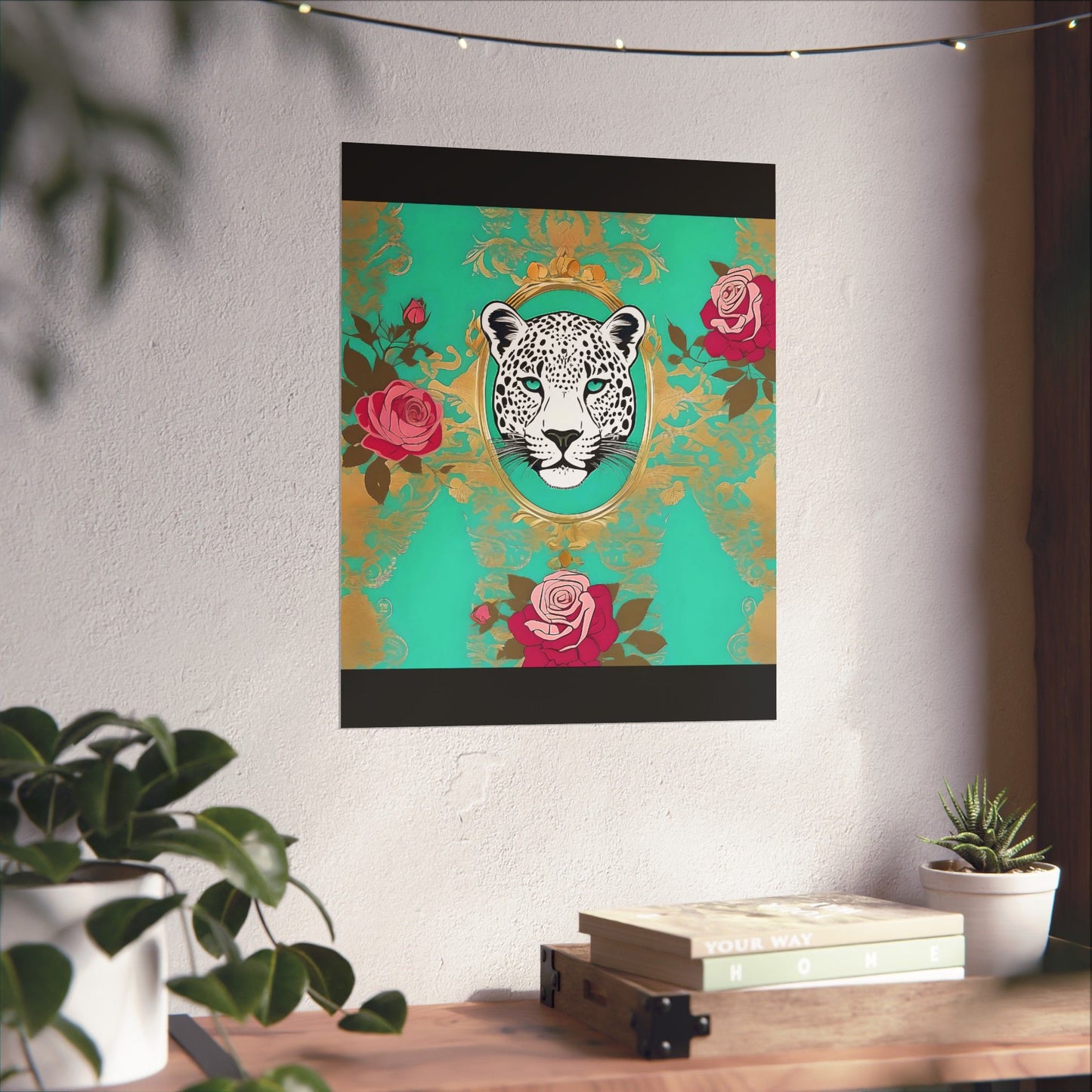 Floral Motif Art Poster - Elegant Matte Vertical Wall Decor - Leopard In Aqua With Roses