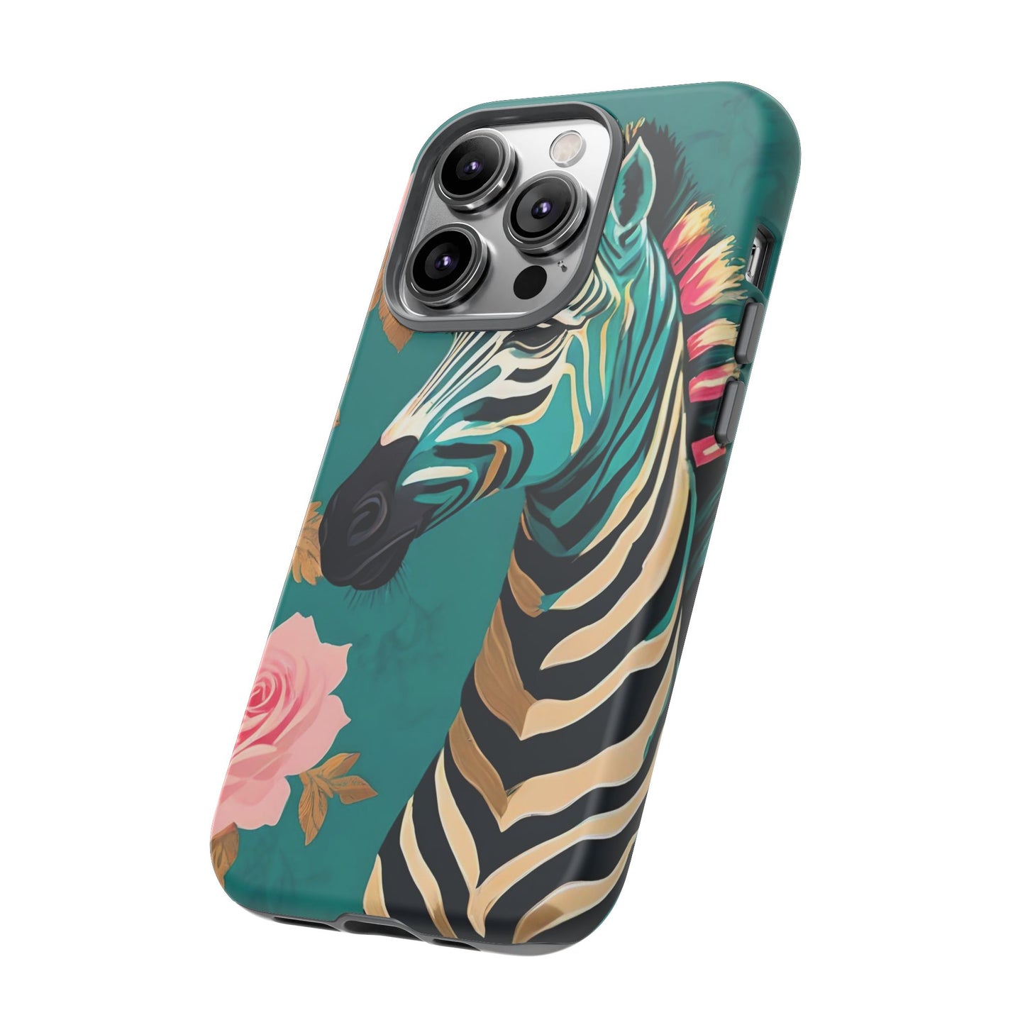 Phone Case - Elegant Teal & Gold Zebra & Roses Design
