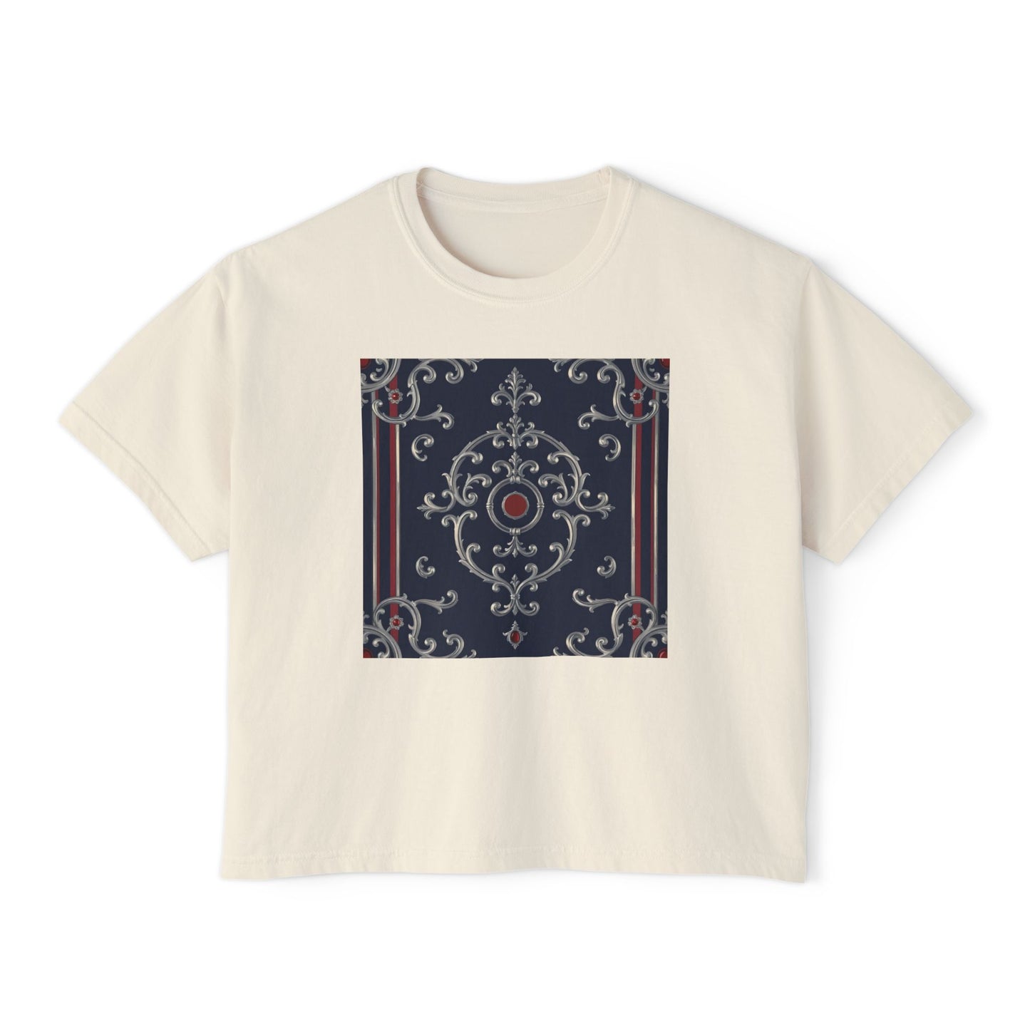 Chic Women's Boxy Tee with Vintage-Inspired Design, Casual Top, Everyday Wear, Gift for Her - Blue & Red Striped Silver Baroque
