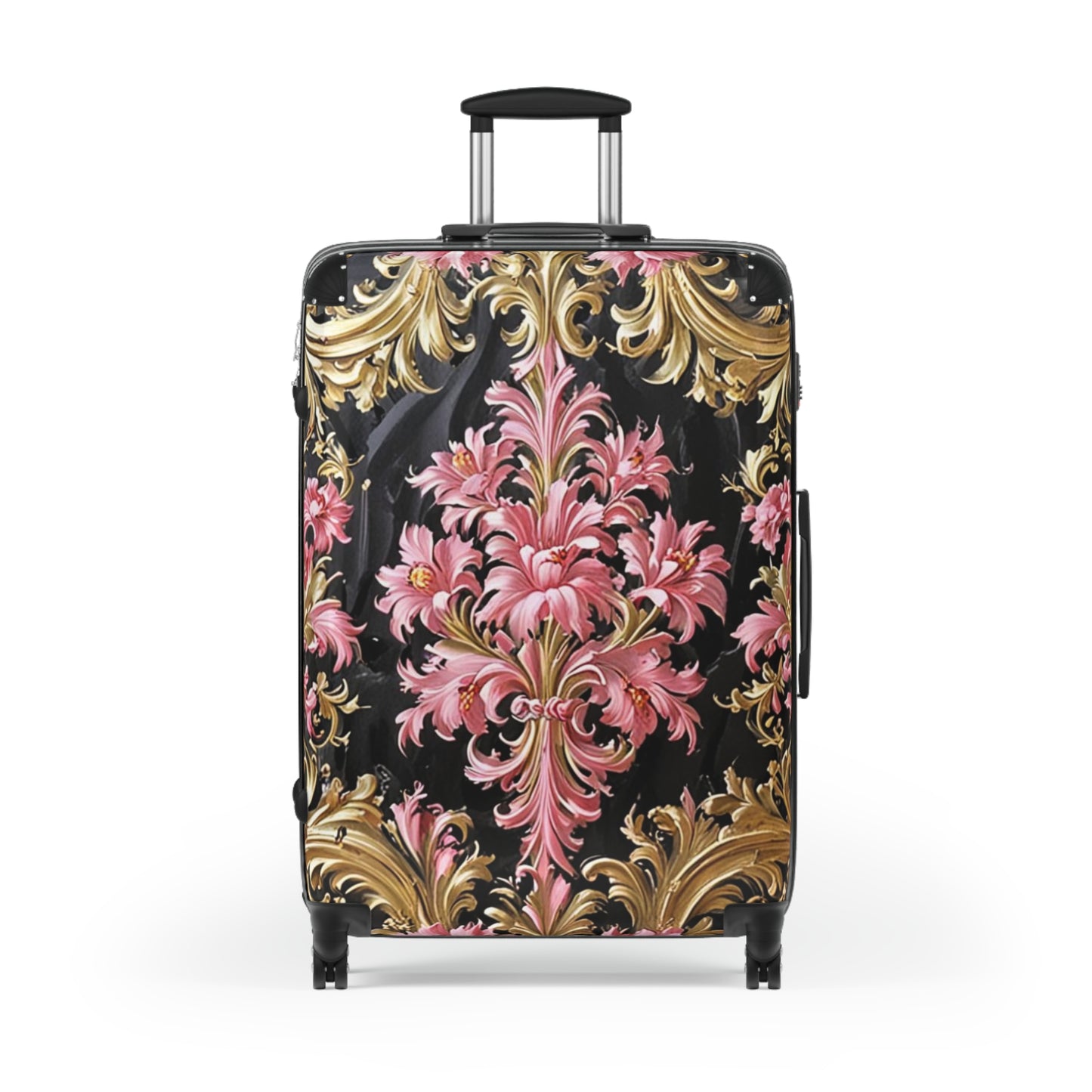 Elegant Floral Suitcase - Travel Luggage, Chic Carry-On, Stylish Baggage, Vintage-Inspired Design - Black & Pink Oil Painting Style Rococo