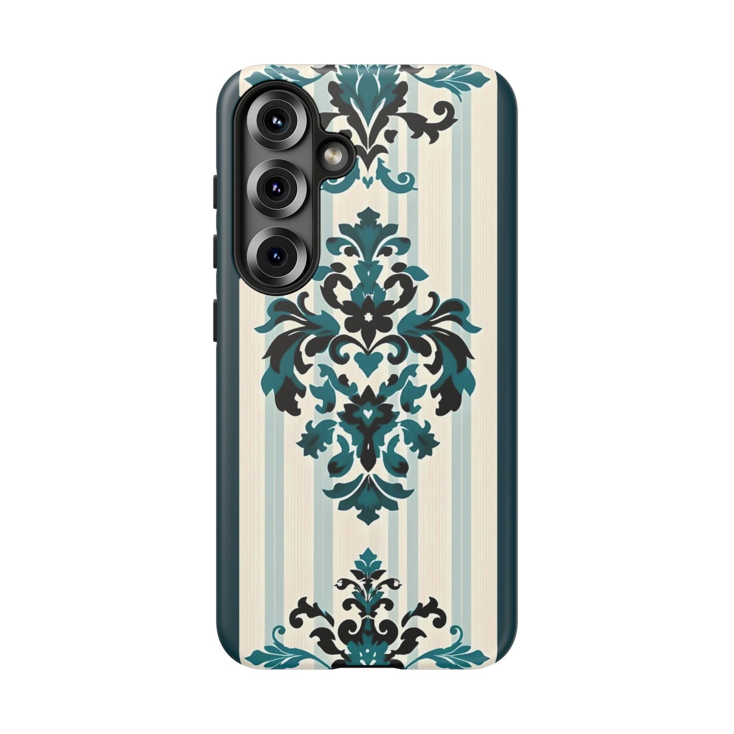 Elegant Floral Phone Case - Tough Cases with Vintage Design - Teal Striped Damask