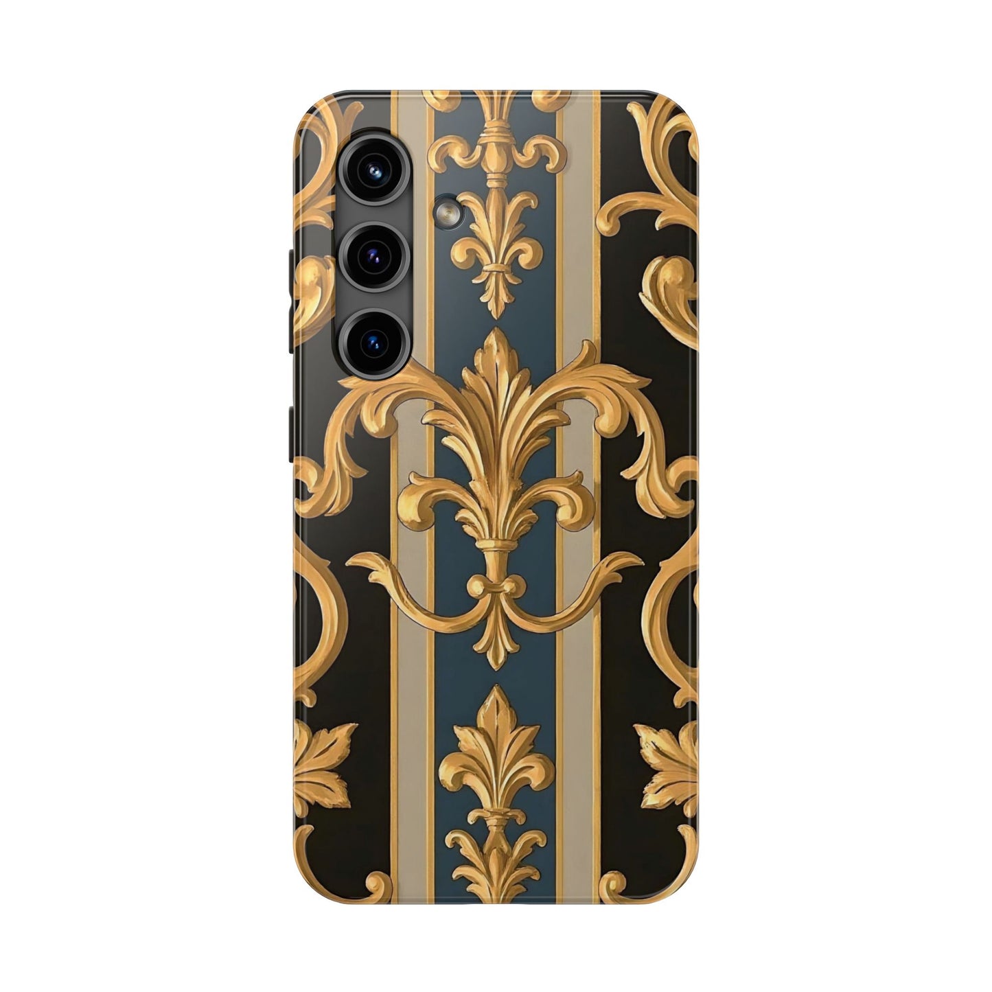 Elegant Rococo Phone Cases, Tough iPhone Case, Floral Design Case, Luxury Phone Cover - Blue & Black Striped Rococo