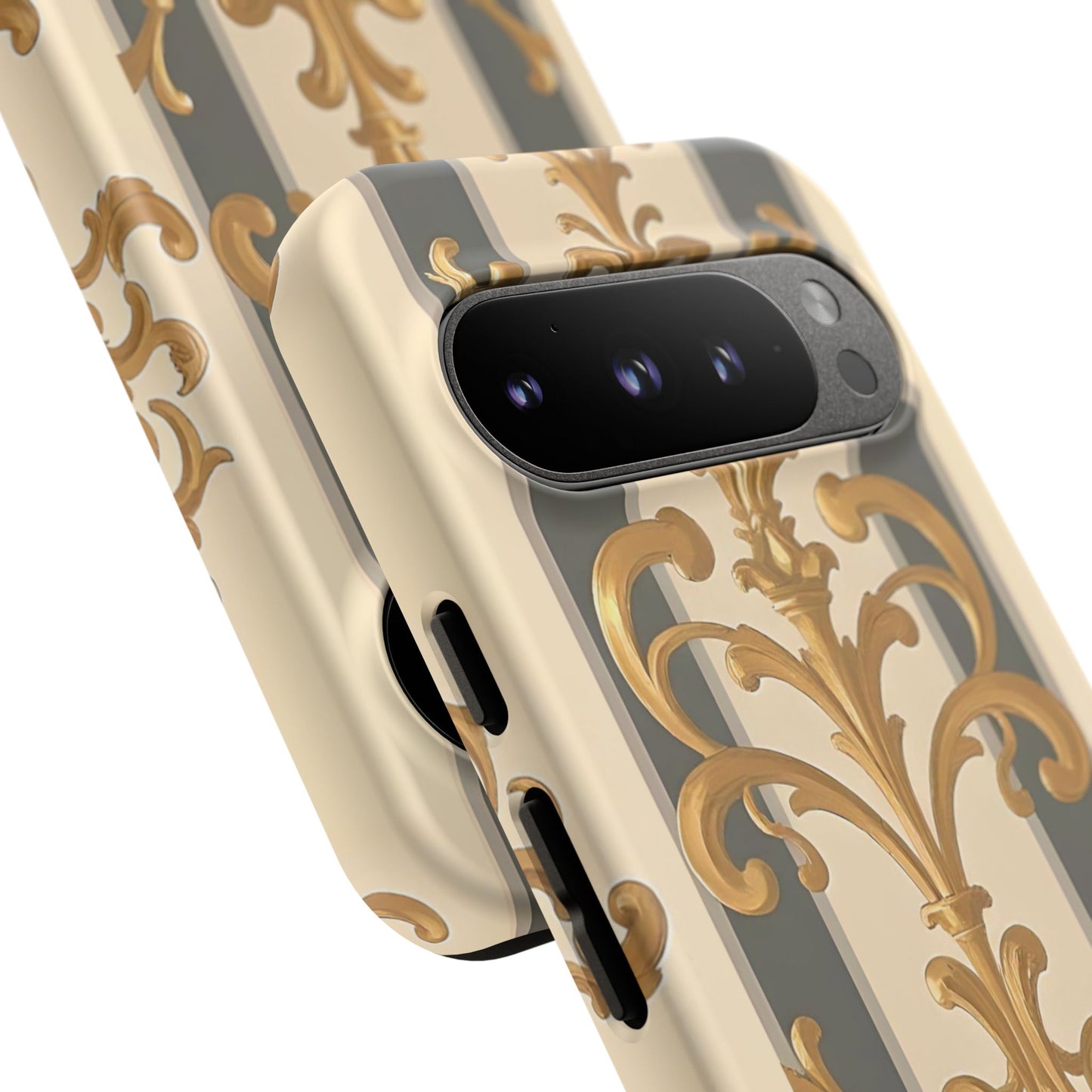 Elegant Floral Motif Phone Case - Tough Cases with Vintage Design - Dusk Olive Striped Gold Damask
