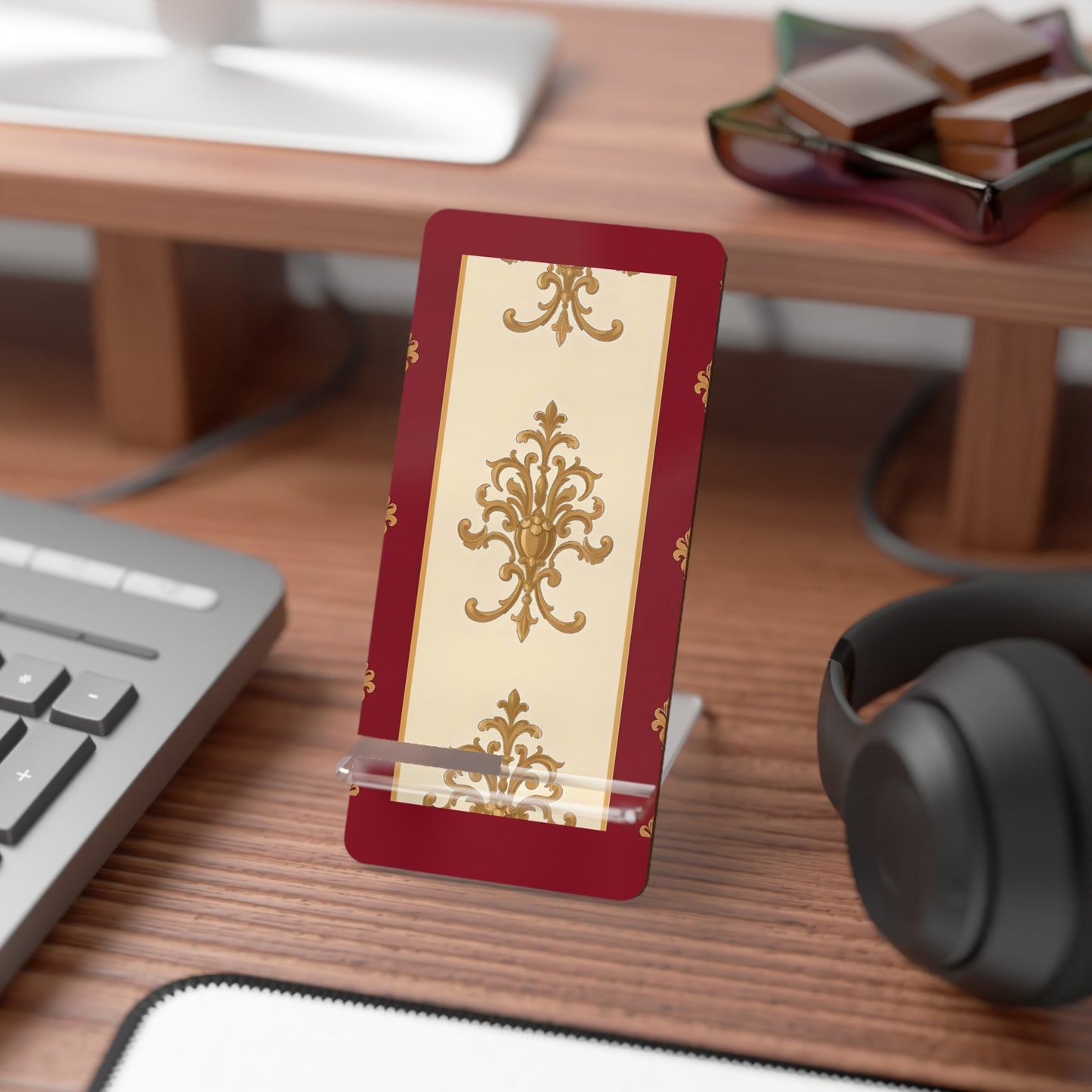 Elegant Floral Smartphone Display Stand - Dusk Red Striped Gold Damask - Decorative Mobile Holder