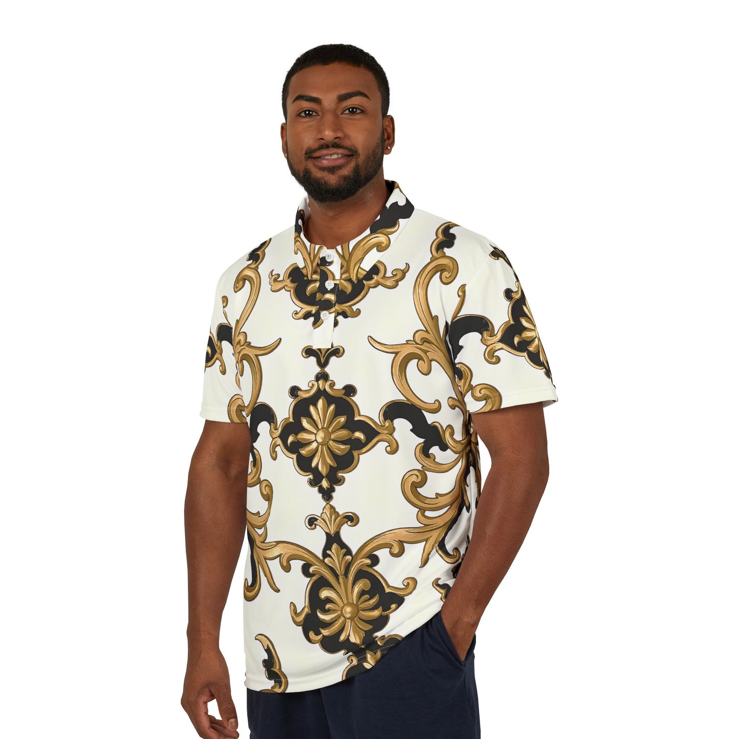 Elegant Baroque Pattern Polo Shirt, Stylish Casual Wear, Spring Fashion, Gift for Him, Unique Polo Top - Black & Gold Rococo